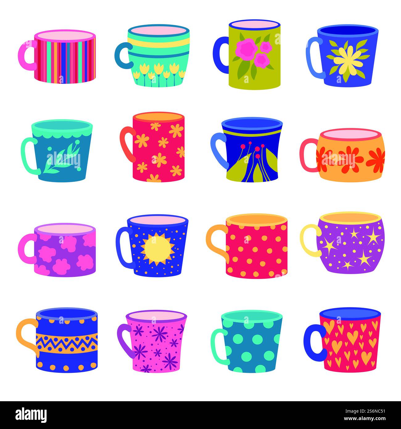 Tazza ornamentale. Eleganti tazze colorate lavorate con texture floreali e geometriche disegnate in un set vettoriale. Tazza illustrativa per caffè e tè con motivo colorato. Tazza ornamentale. Eleganti tazze colorate lavorate con texture floreali e geometriche disegnate in un set vettoriale Illustrazione Vettoriale