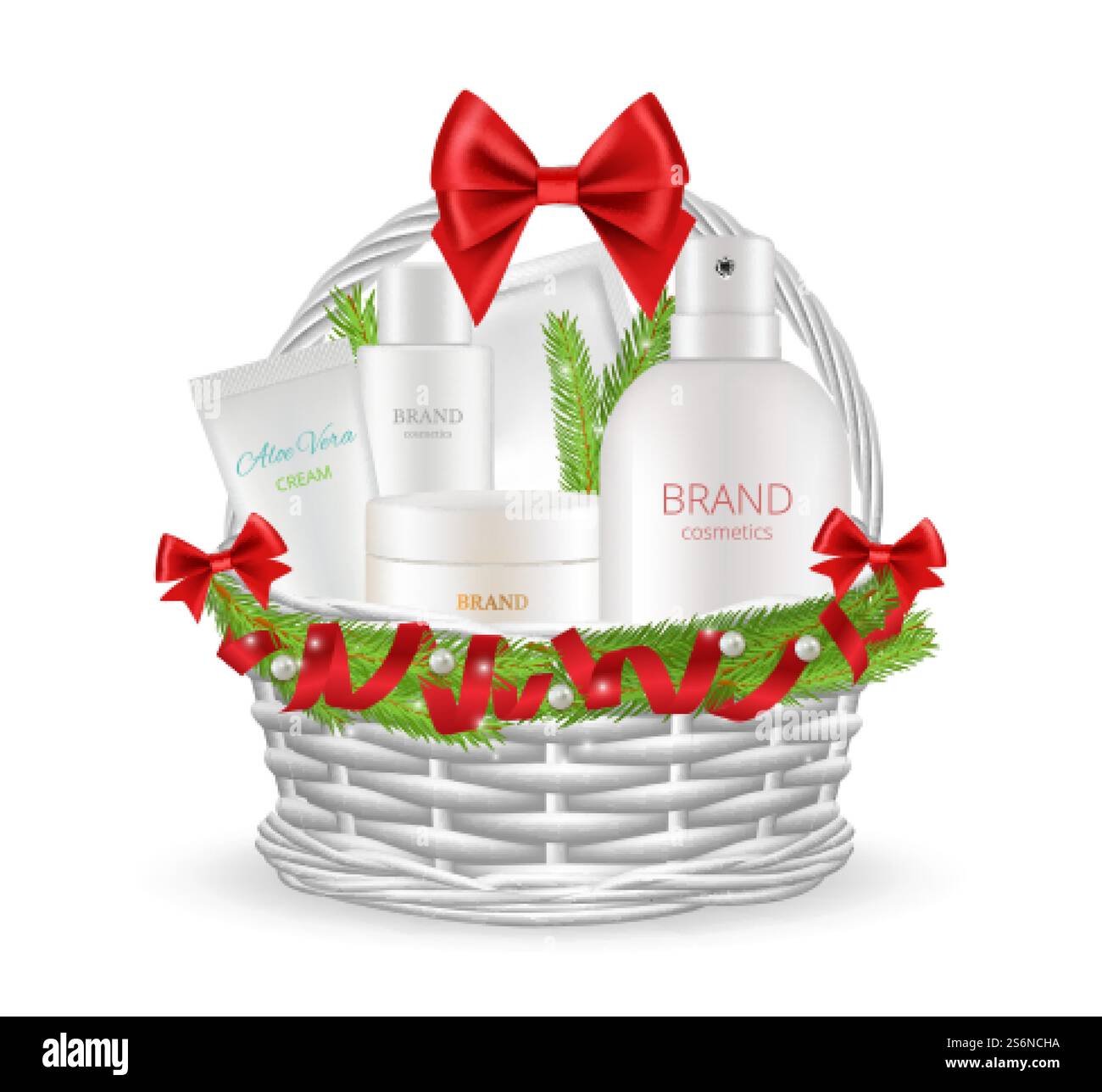 Regalo natalizio. Realistico cestino di natale con diverse bottiglie di cosmetici. Illustrazione vettoriale dei prodotti per la cura della pelle nel nuovo anno. Cestino regalo cosmetico, set di profumi e panna. Regalo natalizio. Realistico cestino di natale con diverse bottiglie di cosmetici. Illustrazione vettoriale dei prodotti per la cura della pelle nel nuovo anno Illustrazione Vettoriale