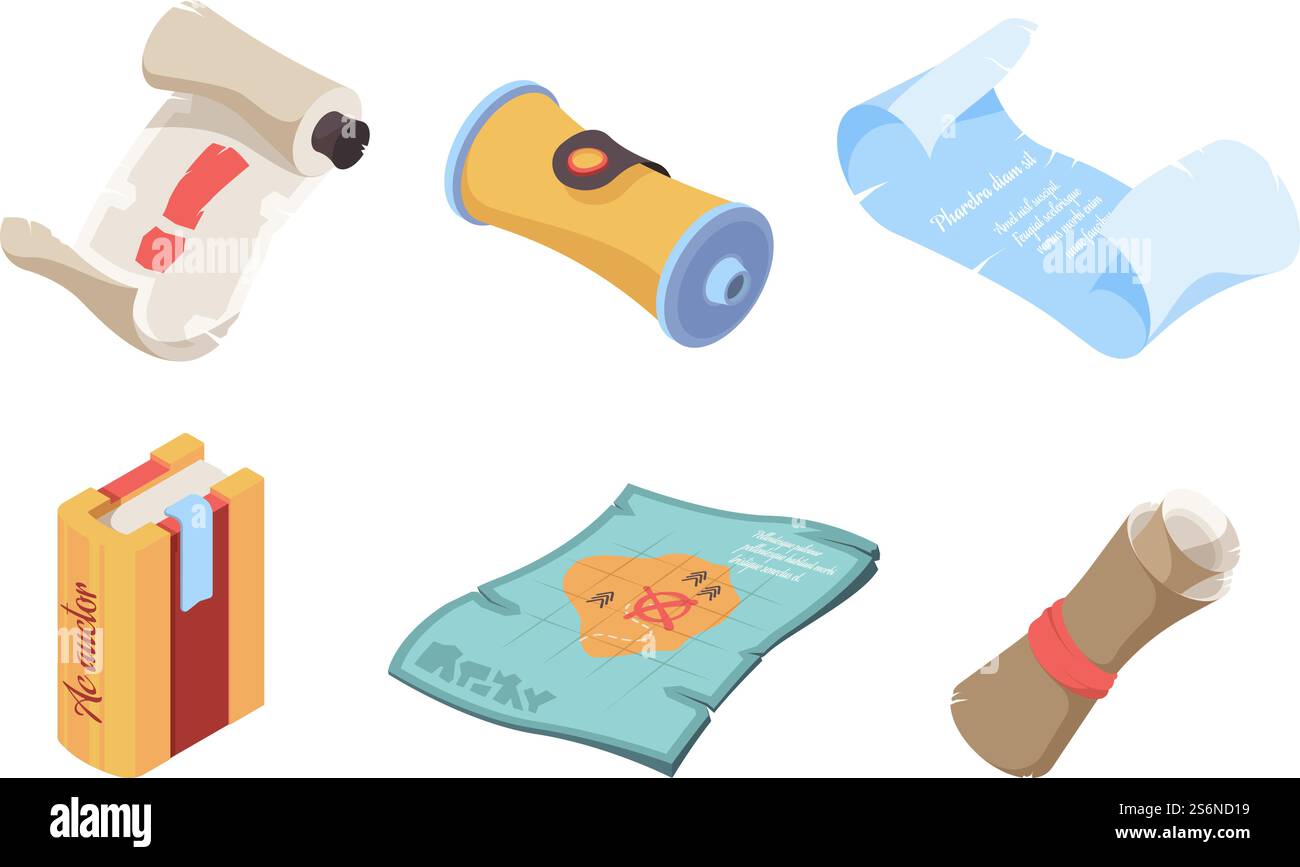 Libri antichi isometrici. Carte magiche per l'interfaccia utente dei giochi, vecchie mappe e libri con la collezione vettoriale dei nastri. Illustrazione carta antica e antica, vecchio libro di incantesimi classici. Libri antichi isometrici. Carte magiche per l'interfaccia utente dei giochi, vecchie mappe e libri con la collezione vettoriale dei nastri Illustrazione Vettoriale