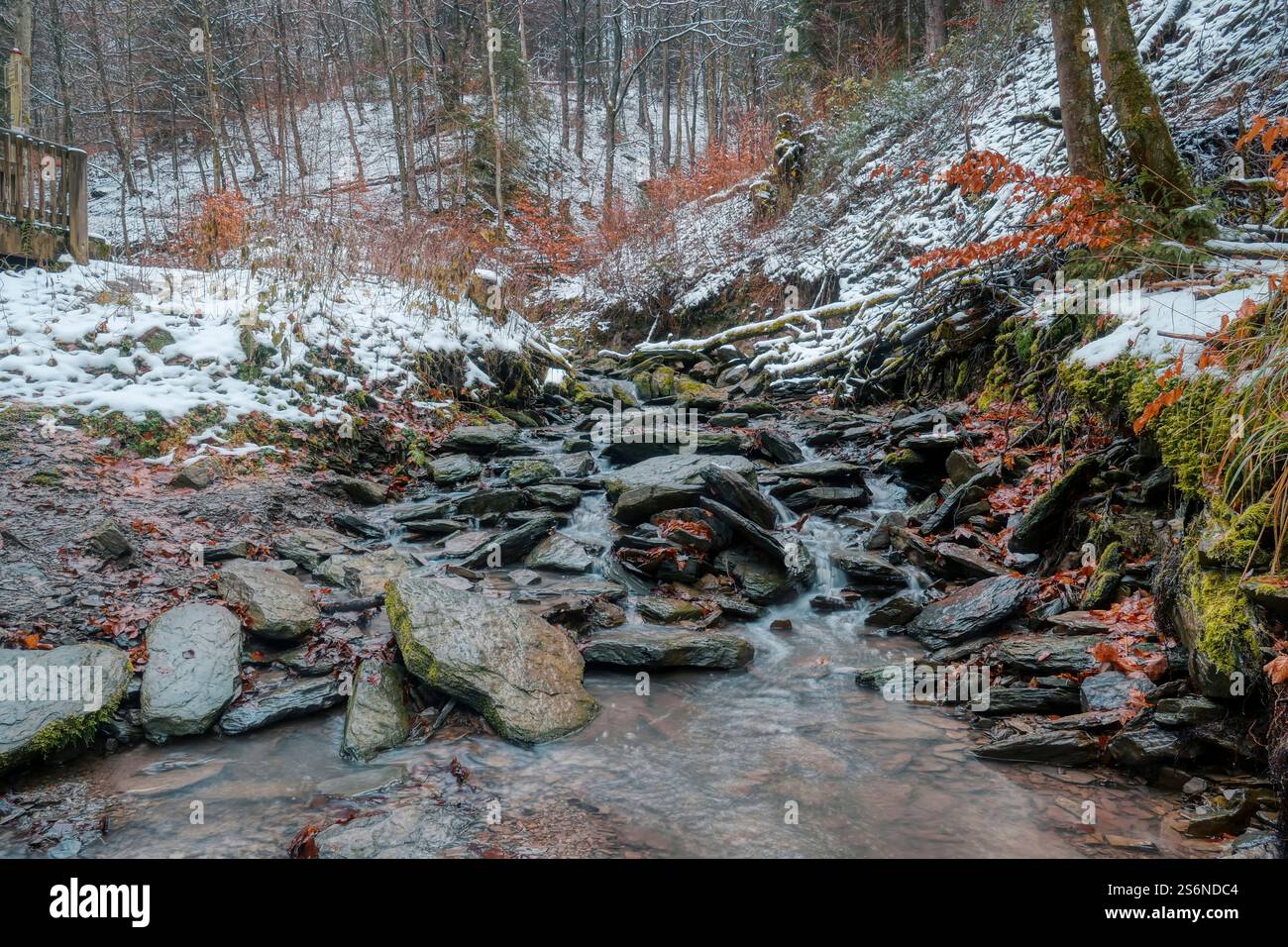 Torrente roccioso nella valle dell'Helletal vicino a Winterberg nella neve Foto Stock