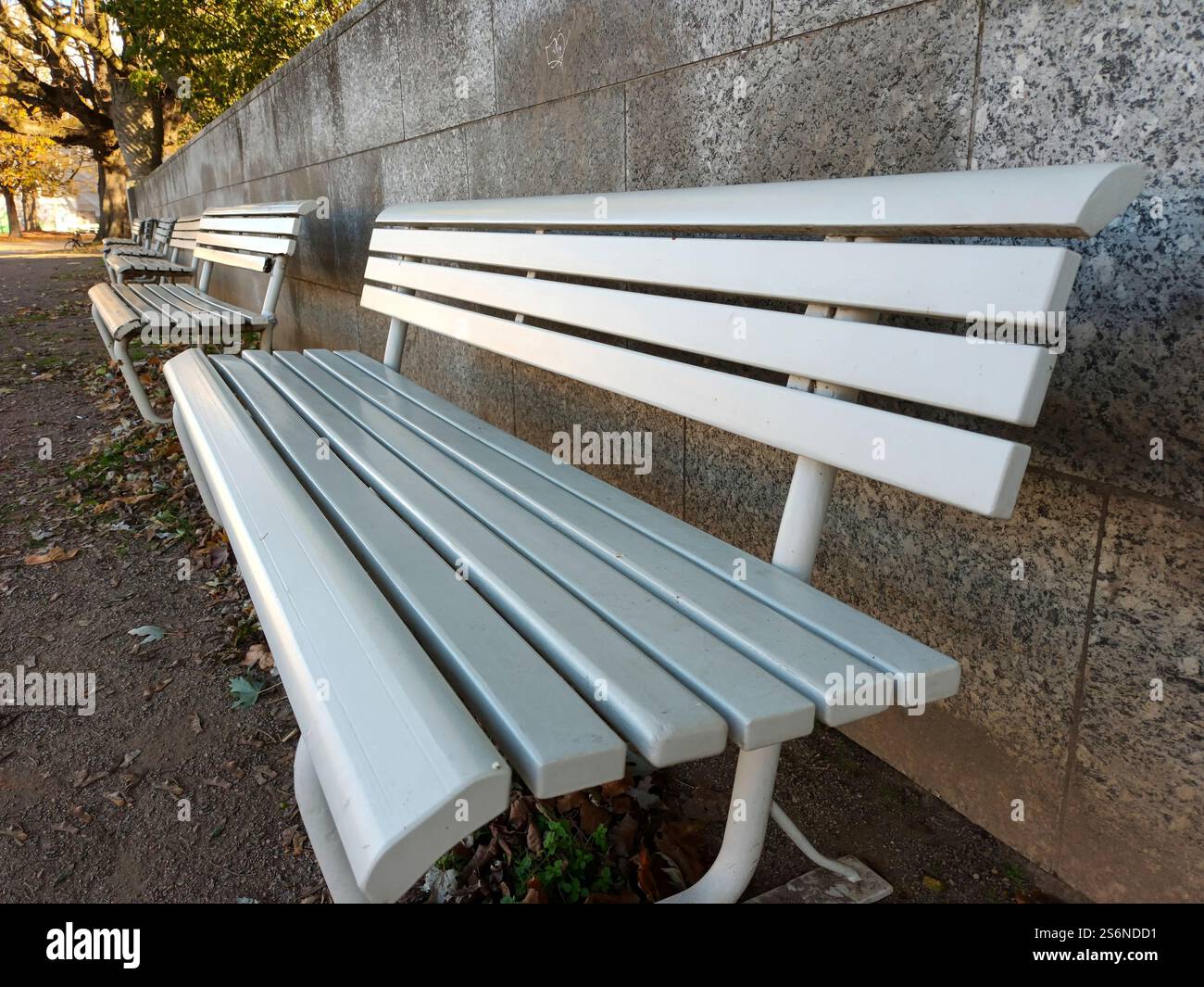 Panchine nel parco in un museo di Düsseldorf Foto Stock