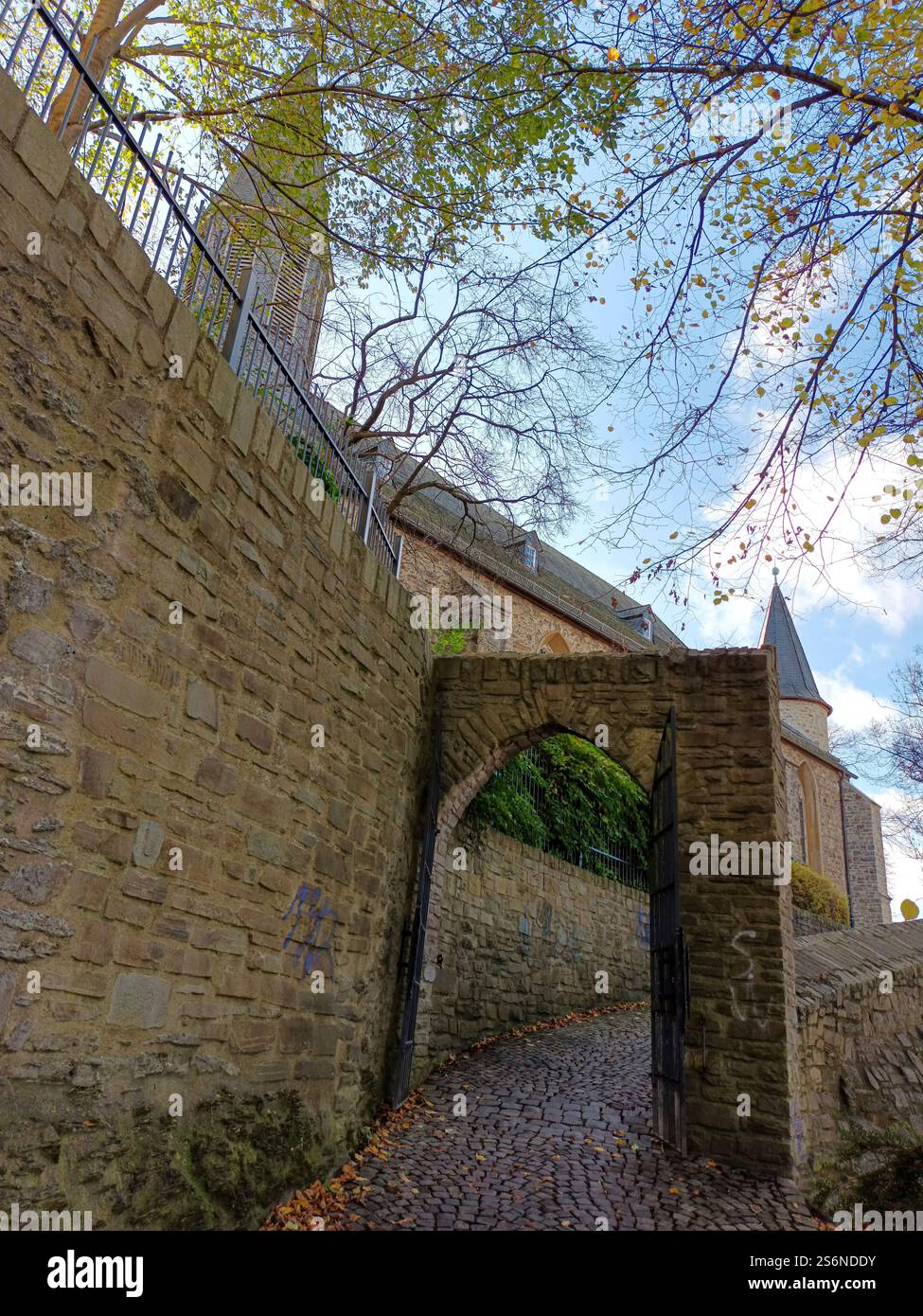 Porta e scalinata per una chiesa storica e il castello di Siegen Foto Stock