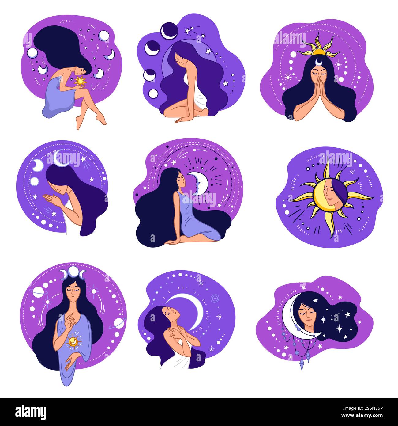 Personaggio femminile cosmico con sole e luna, pianeti e costellazioni con stelle. Donna femminile nello spazio. Astrologia e astronomia, mitologia o saggezza occulta esoterica, vettore in stile piatto. Astrologia luna e sole, personaggio femminile nello spazio Illustrazione Vettoriale