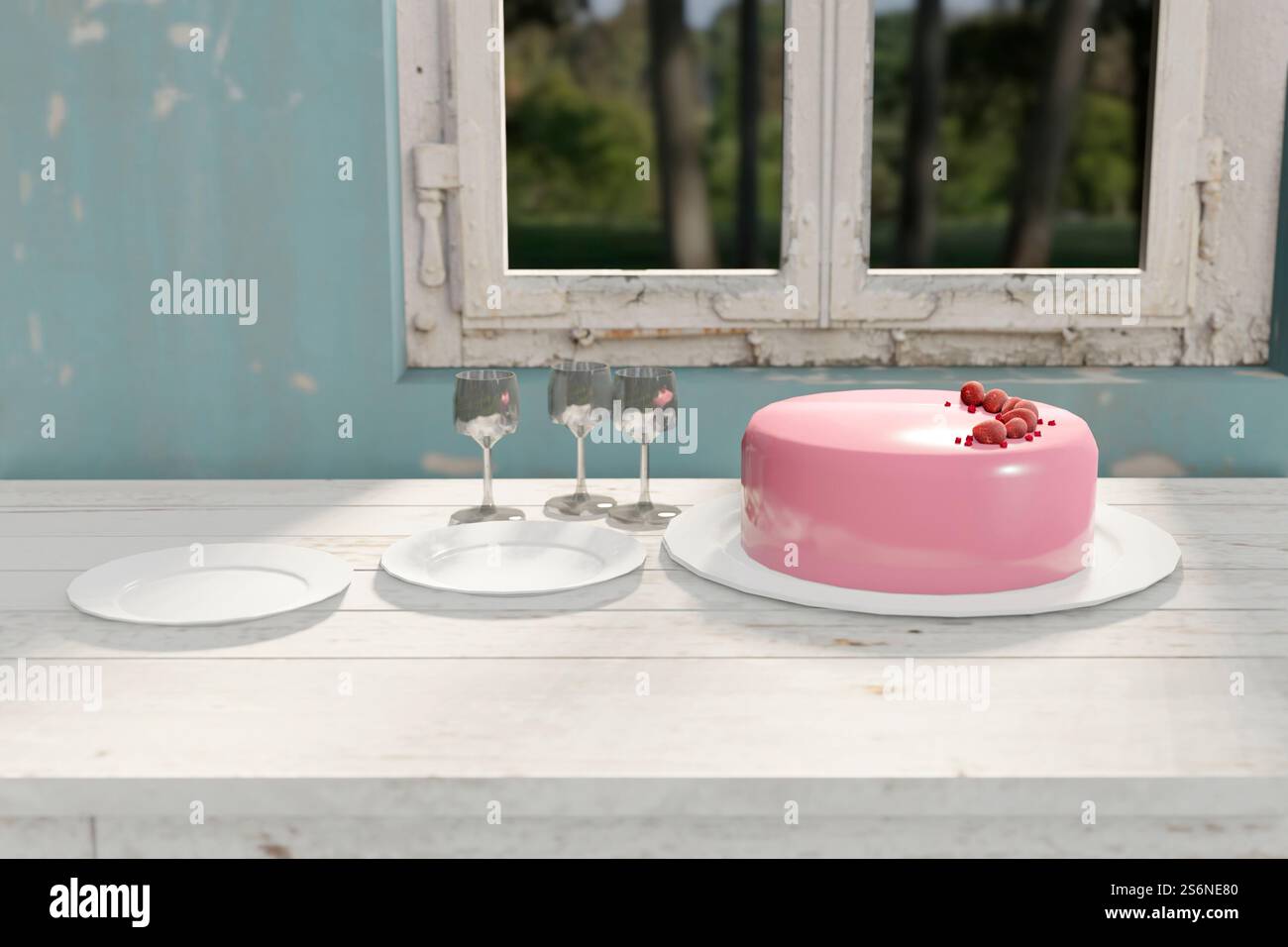 Arte CG con torta virtuale su un tavolo di fronte a una finestra Foto Stock
