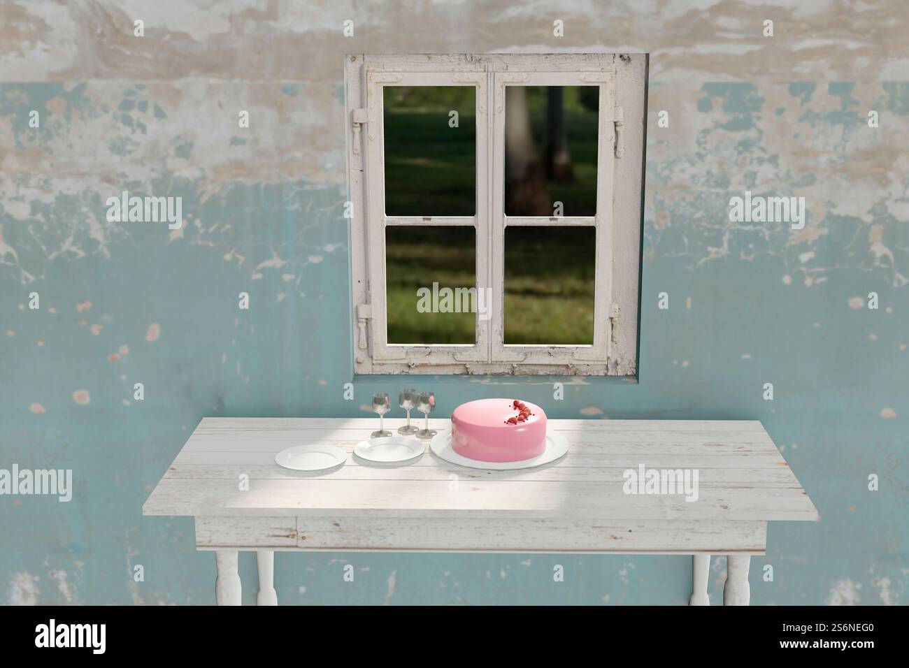 Arte CG con torta virtuale su un tavolo Foto Stock