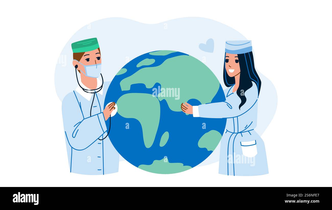 Giornata Mondiale della salute i medici celebrano Holiday Vector. Uomo e donna lavoratori ospedalieri che celebrano insieme la giornata Mondiale della salute. Personaggi Healthcare Job Celebration Flat Cartoon Illustration. Giornata Mondiale della salute i medici celebrano Holiday Vector Illustrazione Vettoriale