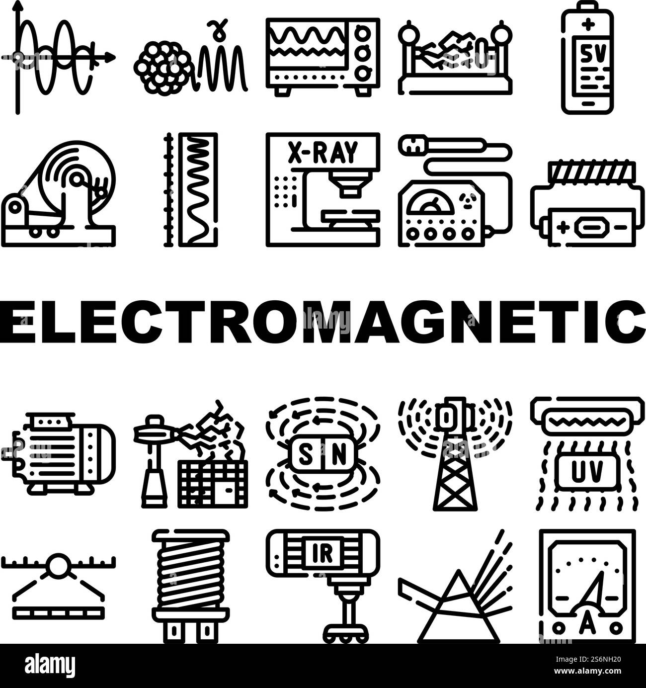 Icone della fisica delle scienze elettromagnetiche Set Vector. Onde elettromagnetiche e ultraviolette, apparecchiature elettroniche a raggi X e gamma di spettro, luce prismatica e contorno batteria SV. Icone della fisica delle scienze elettromagnetiche Set Vector Illustrazione Vettoriale