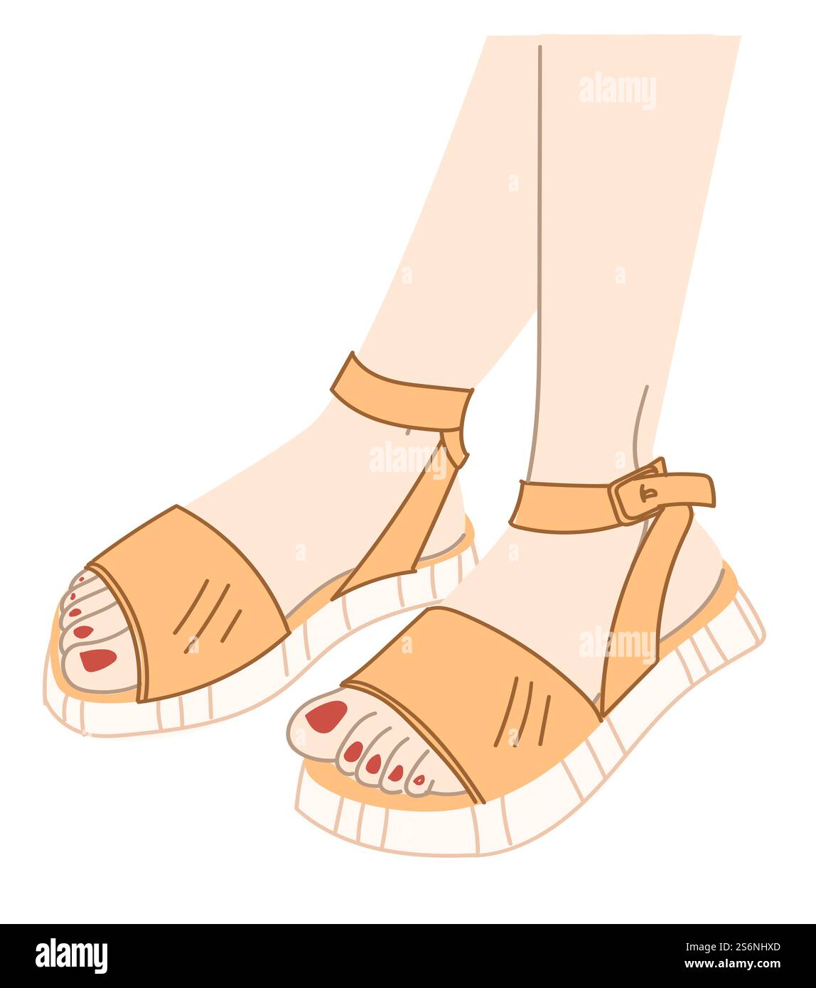 Scarpe su piattaforma piatta per una comoda camminata e un uso quotidiano. Gambe femminili isolate che indossano sandali eleganti e comodi con cinturini, collezione di calzature in pelle. Vettore in stile piatto. Scarpe eleganti e alla moda su plateau piatto Illustrazione Vettoriale