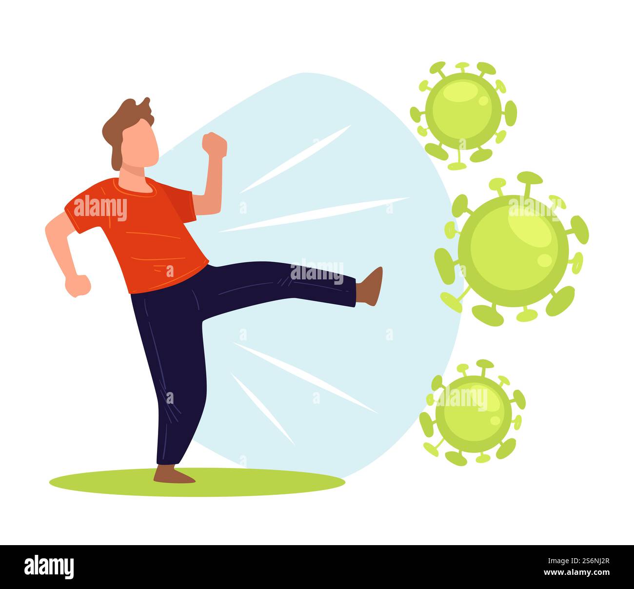 Uomo che batte le molecole del coronavirus. Lotta contro le malattie virali. Rinforzo maschio protetto da covid19. Paziente che si riprende da malattia, assistenza sanitaria e attacco di vettore di malattia in appartamento. Carattere maschile lotta contro il vettore molecolare della malattia del coronavirus Illustrazione Vettoriale