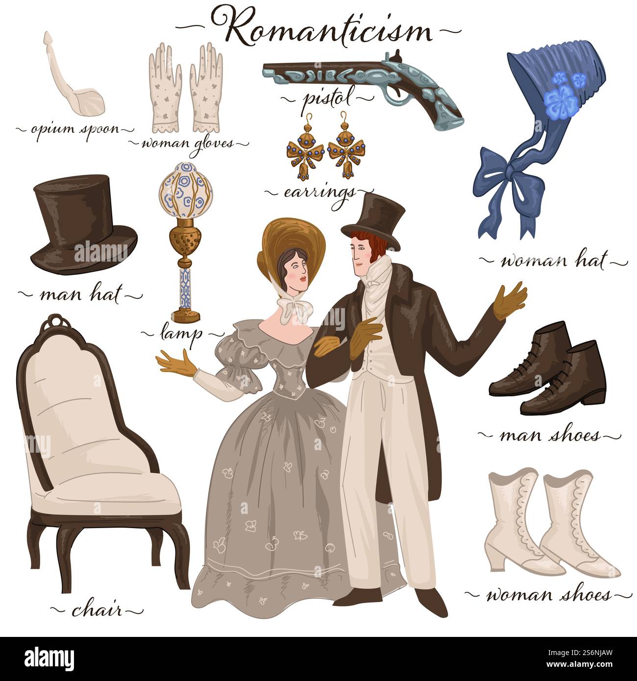 Mobili e appartenenza personale di coppia romanticismo, abiti vintage e oggetti d'arredo. Uomo e donna in abiti tradizionali, sedia e cappello, lampada e scarpe, pistola e orecchini. Vettore in piano. Una coppia romantica e mobili tradizionali Illustrazione Vettoriale