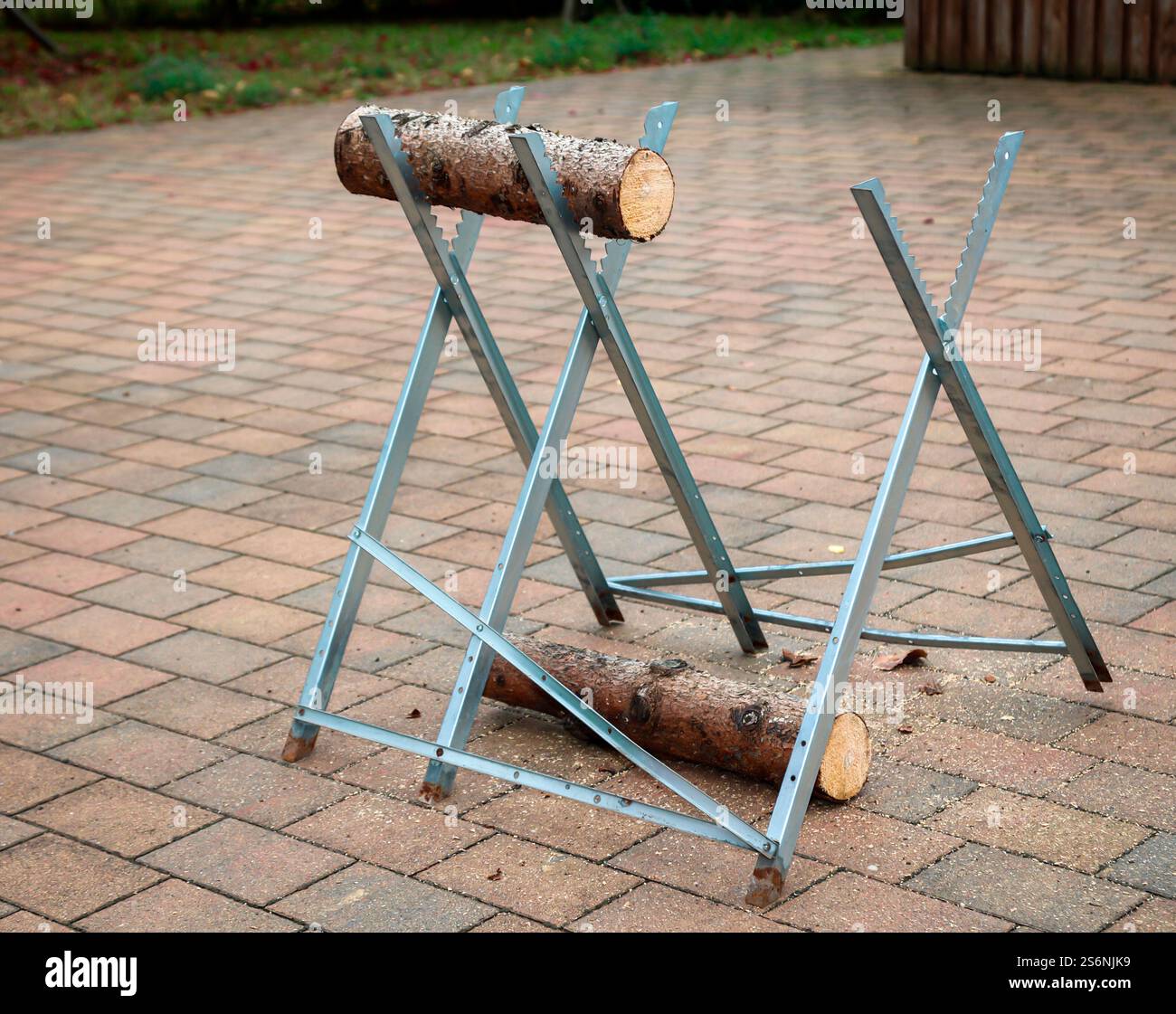 Dettagli di un seghetto con tronco e sega durante un matrimonio Foto Stock