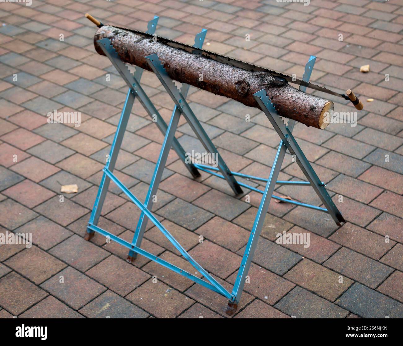 Dettagli di un seghetto con tronco e sega durante un matrimonio Foto Stock