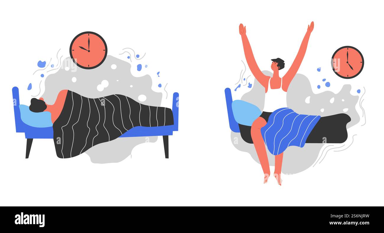 Svegliarsi tardi e presto, un insieme isolato di cattive e buone abitudini dell'uomo. Il personaggio si stende a letto, il personaggio si allunga sul letto la mattina. Stile di vita attivo dell'uomo, routine quotidiana, vettoriale in stile piatto. Buone e cattive abitudini di svegliarsi presto e tardi Illustrazione Vettoriale Svegliarsi tardi e presto, un insieme isolato di cattive e buone abitudini dell'uomo. Il personaggio si stende a letto, il personaggio si allunga sul letto la mattina. Stile di vita attivo dell'uomo, routine quotidiana, vettoriale in stile piatto. Buone e cattive abitudini di svegliarsi presto e tardi Illustrazione Vettoriale