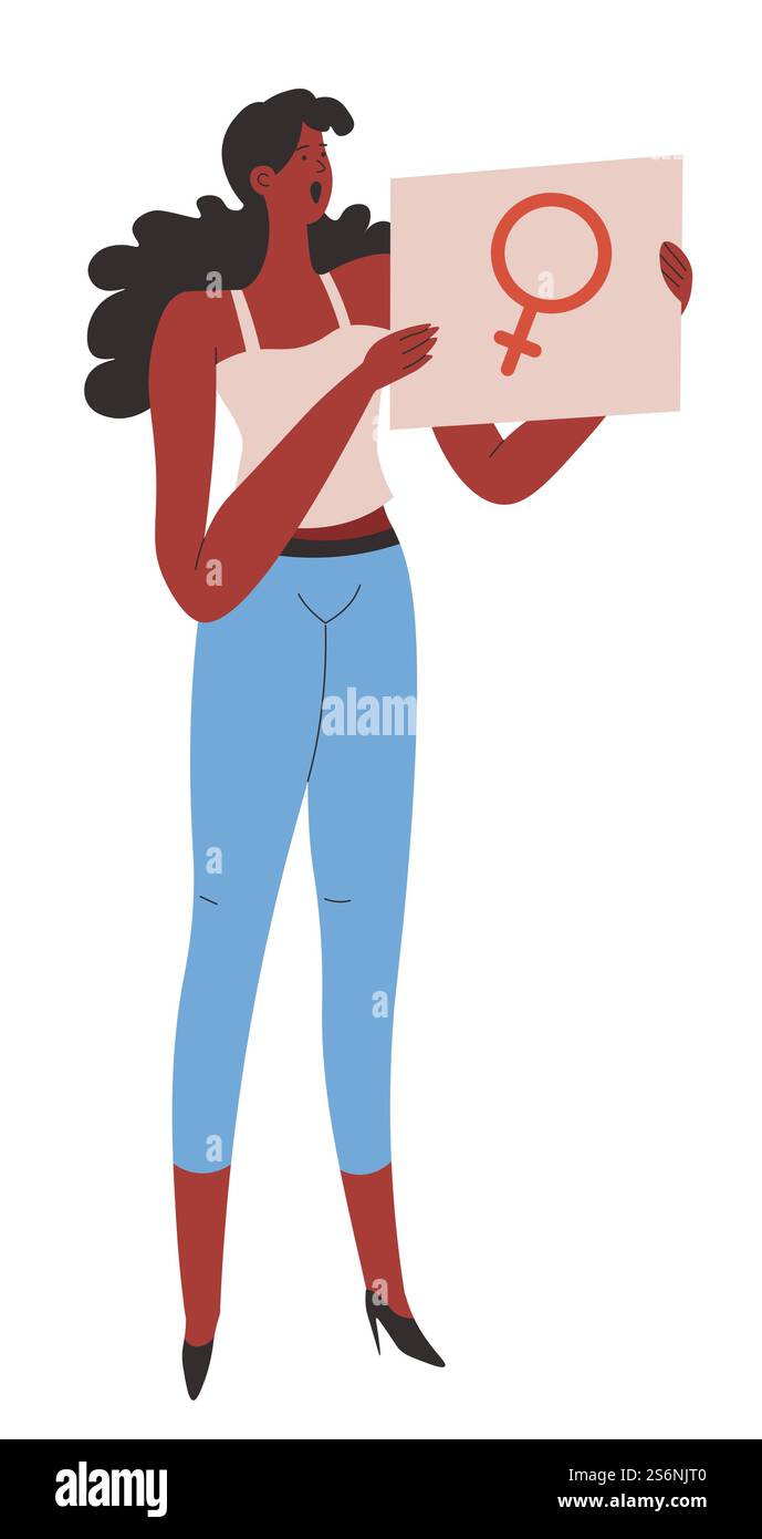 Personaggio femminile che tiene un cartello con lo specchio di venere che simboleggia il potere delle ragazze. Protesta di persona isolata femminista che difende l'uguaglianza di genere e i diritti, protesta o movimento, vettore in appartamento. Sostenitori del movimento femminista e manifestanti con cartelloni vettoriali Illustrazione Vettoriale