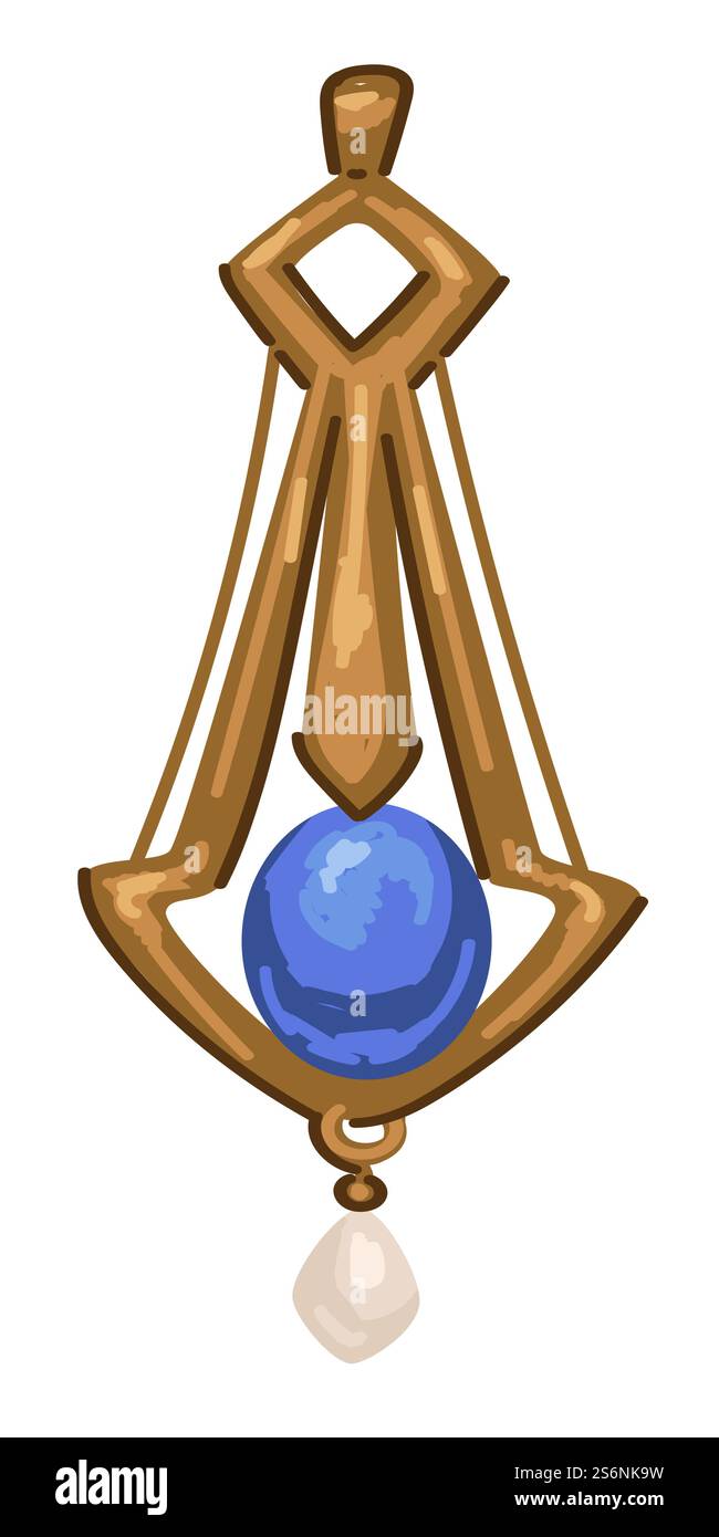 Ciondolo retrò in oro, gioielli vintage isolati con perle e pietre preziose. Accessorio costoso per donne, moda antica e tendenze. Medaglione elegante e vecchio stile. Vettore in stile piatto. Ciondolo vintage in oro con perla di pietra preziosa Illustrazione Vettoriale