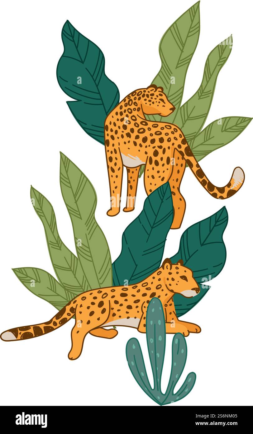 Ghepardo o leopardo adagiato in un cespuglio di fiori o piante tropicali. Predatore isolato con pelli macchiate che riposano all'ombra. Zoo o parco nazionale con animali. Carnivoro felino. Vettore in stile piatto. Leopardo che si stende e si nasconde nel verde dei tropici Illustrazione Vettoriale