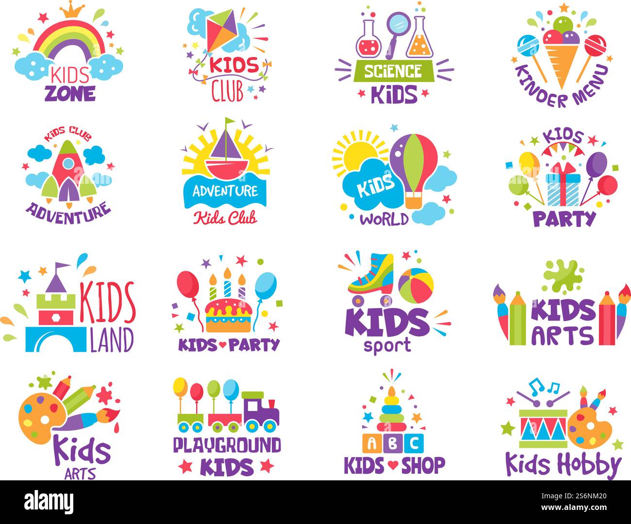 Badge zona bambini. Loghi per un luogo creativo per parchi giochi per bambini o simboli vettoriali del negozio di giocattoli. Area illustrazione parco giochi e zona per bambini, cartoni animati per bambini. Badge zona bambini. Loghi per un luogo creativo per parchi giochi per bambini o simboli vettoriali del negozio di giocattoli Illustrazione Vettoriale