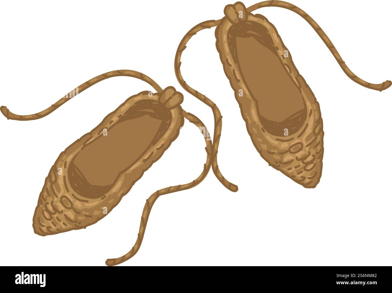 Vecchie calzature per persone che vivono in tempi antichi, isolate scarpe ecologiche fatte a mano per i piedi. Cultura e produzione preistorica, sandali primitivi per uomo e donna. Vettore in stile piatto. Scarpe preistoriche fatte di paglia, vecchie calzature Illustrazione Vettoriale