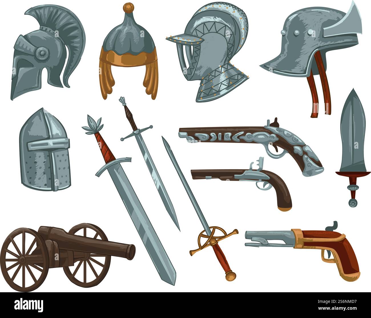 Spade e armi, armature e pistole per cavalieri e soldati di eserciti. Combattimenti e battaglie, proteggendo il regno. Casco e pugnale in metallo, lancia e vecchia pistola retrò d'epoca. Vettore in stile piatto. Antiche spade, armi e armature per cavalieri Illustrazione Vettoriale