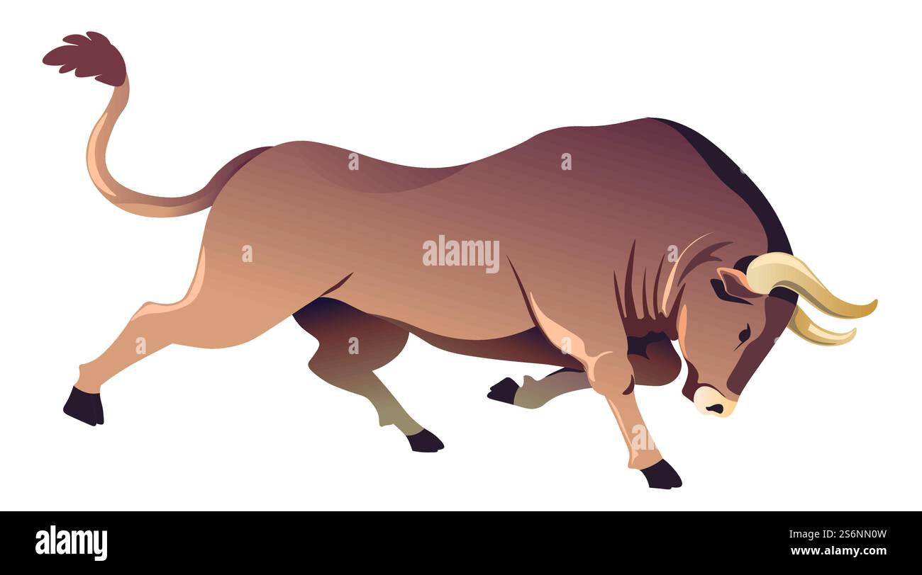 Toro da corsa aggressivo con corna forti, bufalo furioso isolato. Animali domestici o selvatici pericolosi nello zoo o nella fattoria. Corrida hobby estremo, corrida. Biodiversità, vettore in stile piatto. Bufalo in esecuzione con corna affilate, buoi o toro Illustrazione Vettoriale