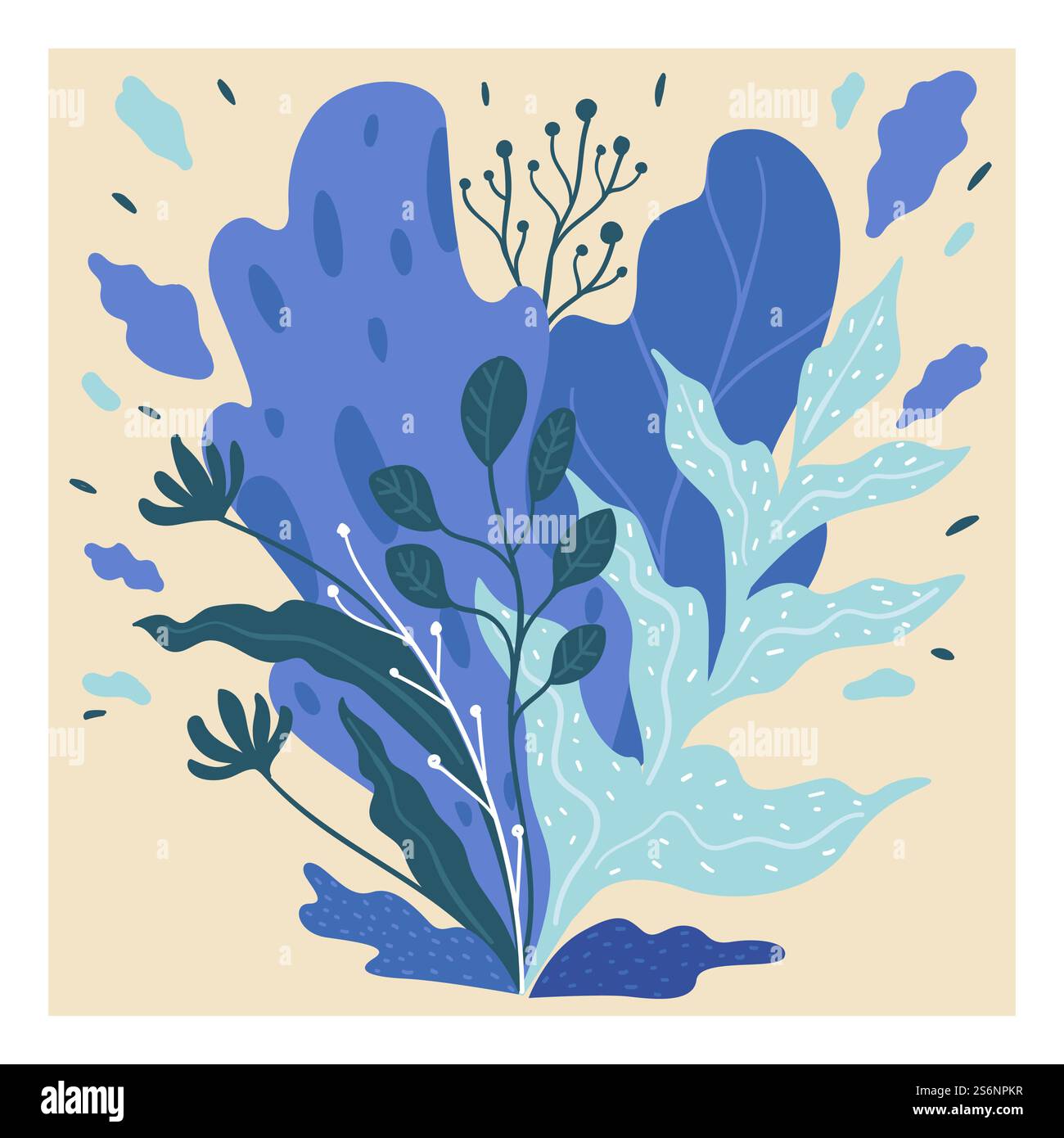 Flora decorativa, foglie blu e fiori fioriti. Fioritura stagionale di piante esotiche, botanica ornamentale e decorazioni. Arbusti e cespugli tropicali, arbusti lussureggianti, ramoscelli di alberi, vettori in stile piatto. Fogliame blu e rami con foglie, flora decorativa Illustrazione Vettoriale