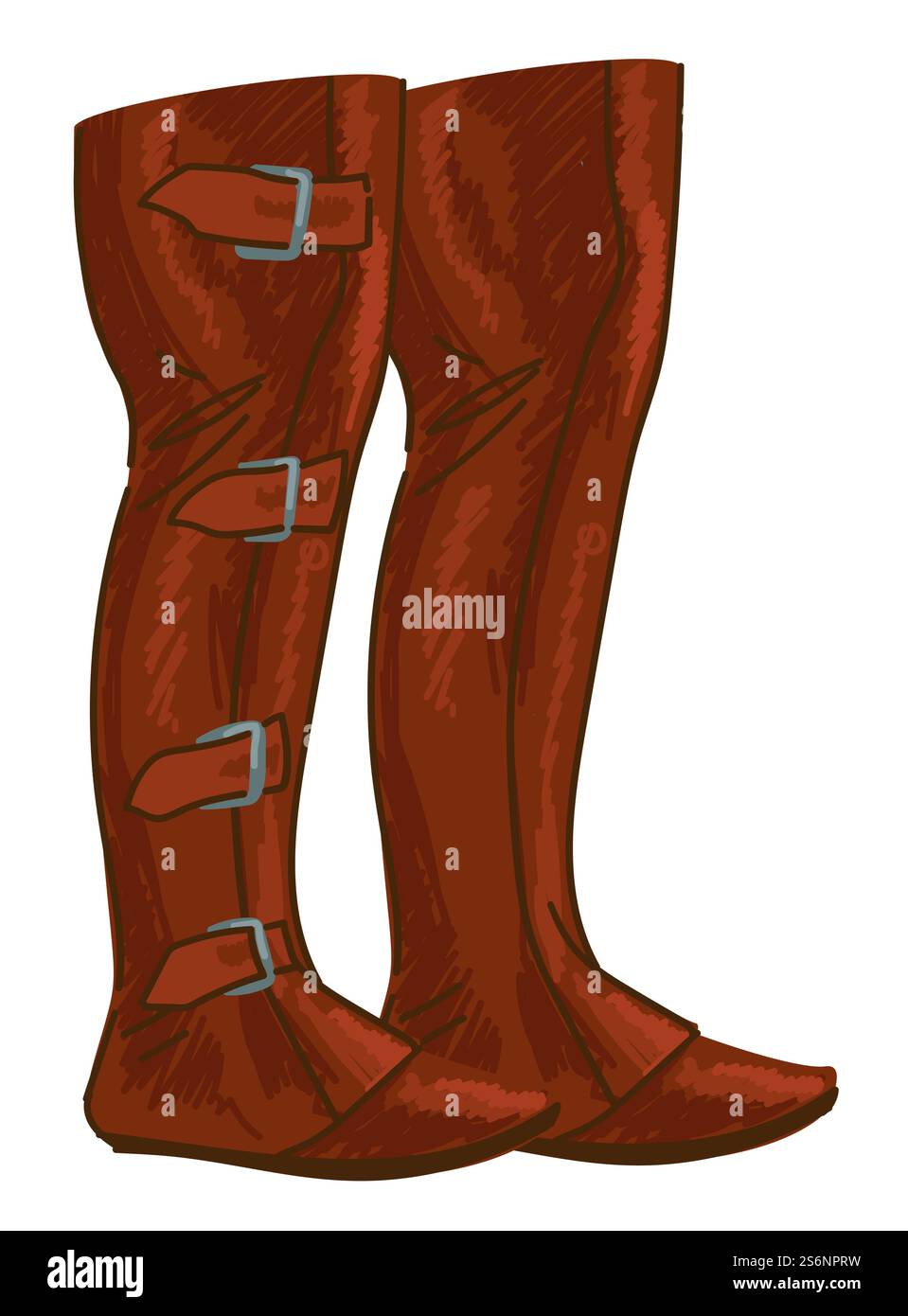 Calzature in pelle, stivali pesanti con fibbia per caccia, allenamento o sport equini. Comodi accessori maschili in epoche e età precedenti. Abiti vintage e retrò. Vettore in stile piatto. Stivali vintage da uomo, calzature da caccia con fibbia Illustrazione Vettoriale