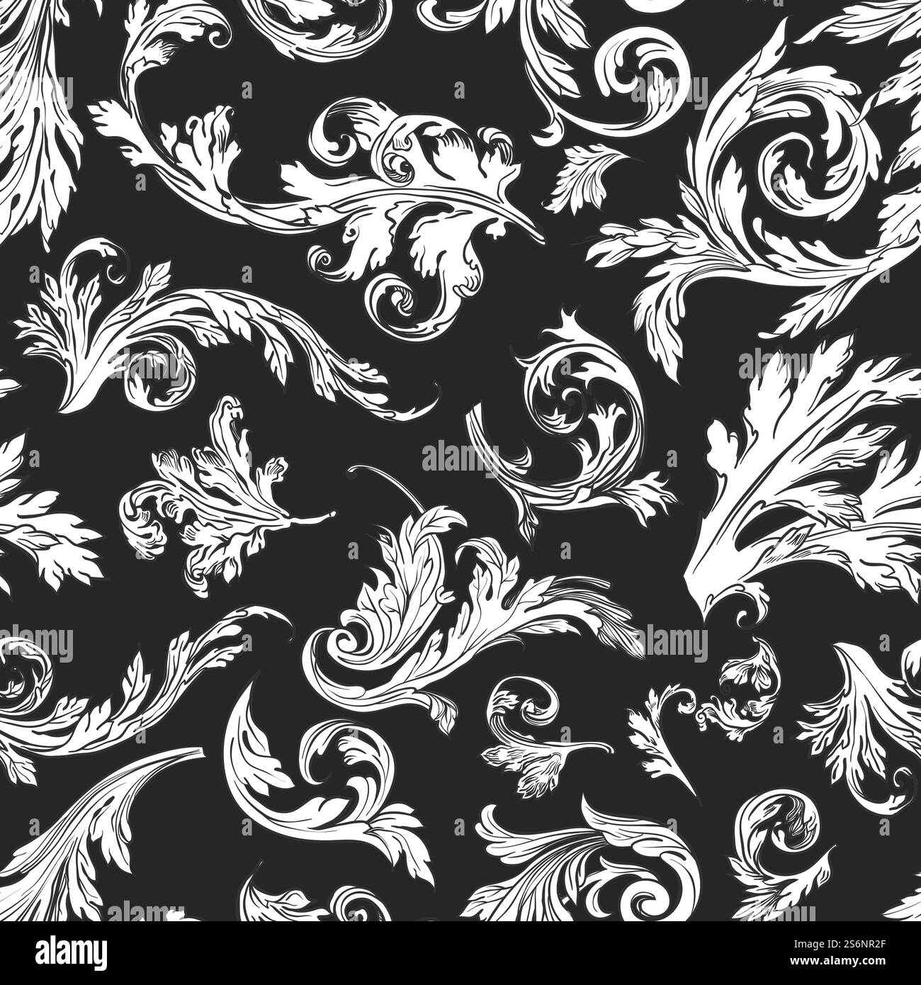 Fogliame e foglie vintage motivo senza cuciture di schizzi monocromatici delineano il nero. Sfondo o stampa con flora, tessuto o texture. Piante da casa e dettagli del vettore di fioritura in stile piatto. Decorazioni floreali vintage, fogliame retrò, sfondo senza cuciture Illustrazione Vettoriale