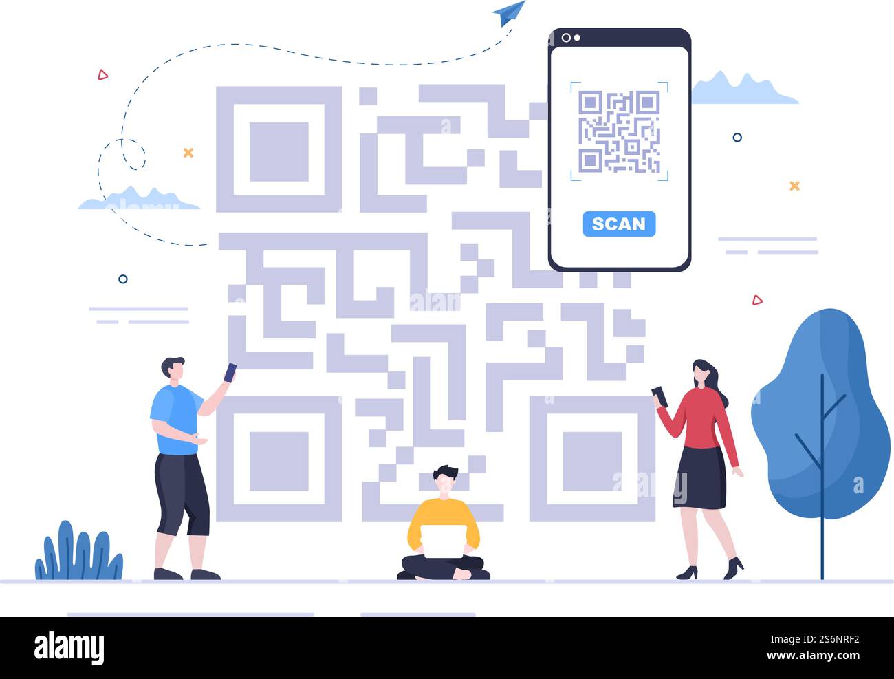 Scanner di codici QR per pagamenti online, pagamenti elettronici e trasferimenti di denaro su smartphone con App in mano. Illustrazione del vettore di sfondo Illustrazione Vettoriale
