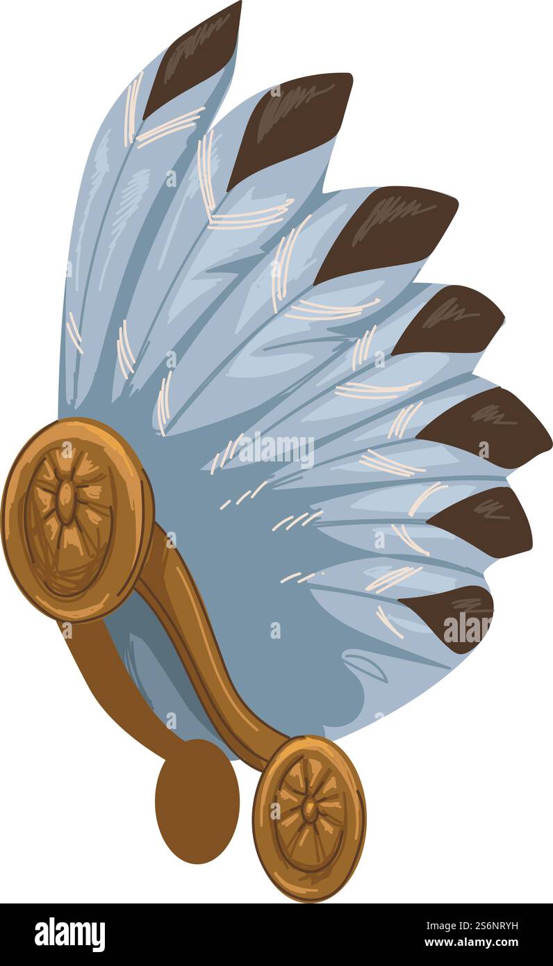 Bretella di fissaggio con piume, cappello isolato con piume. Cultura e tradizioni maya, abiti etnici e accessori dei nativi. Rituali e abiti tribali o vecchie mascotte. Vettore in stile piatto. Copricapo Maya con piume, cultura e costumi Illustrazione Vettoriale