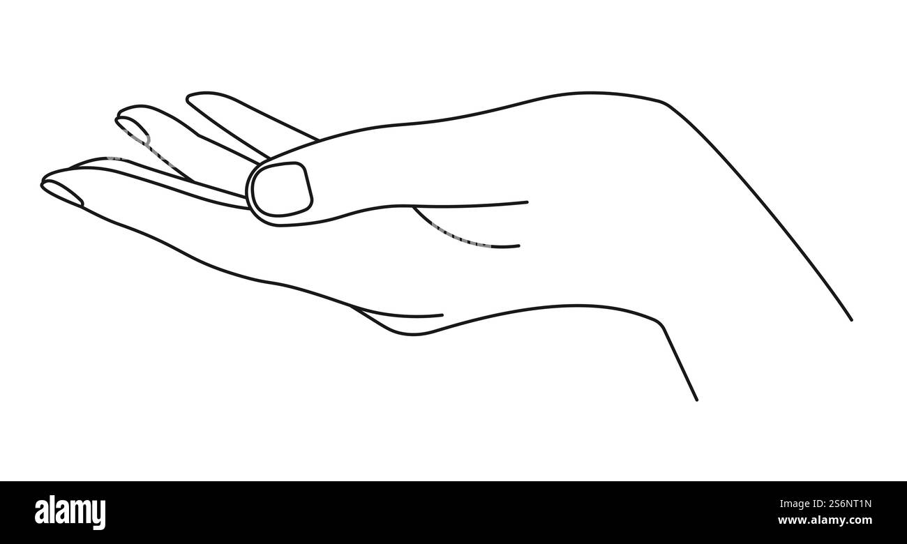 Disegno a mano minimalista, palmo con le dita, dare o prendere il gesto della persona. Rappresentazione grafica in linea isolata, linguaggio del corpo e comunicazione in modo e mezzi non verbali. Vettore in stile piatto. Presa o consegna a mano, palmo con le dita Illustrazione Vettoriale