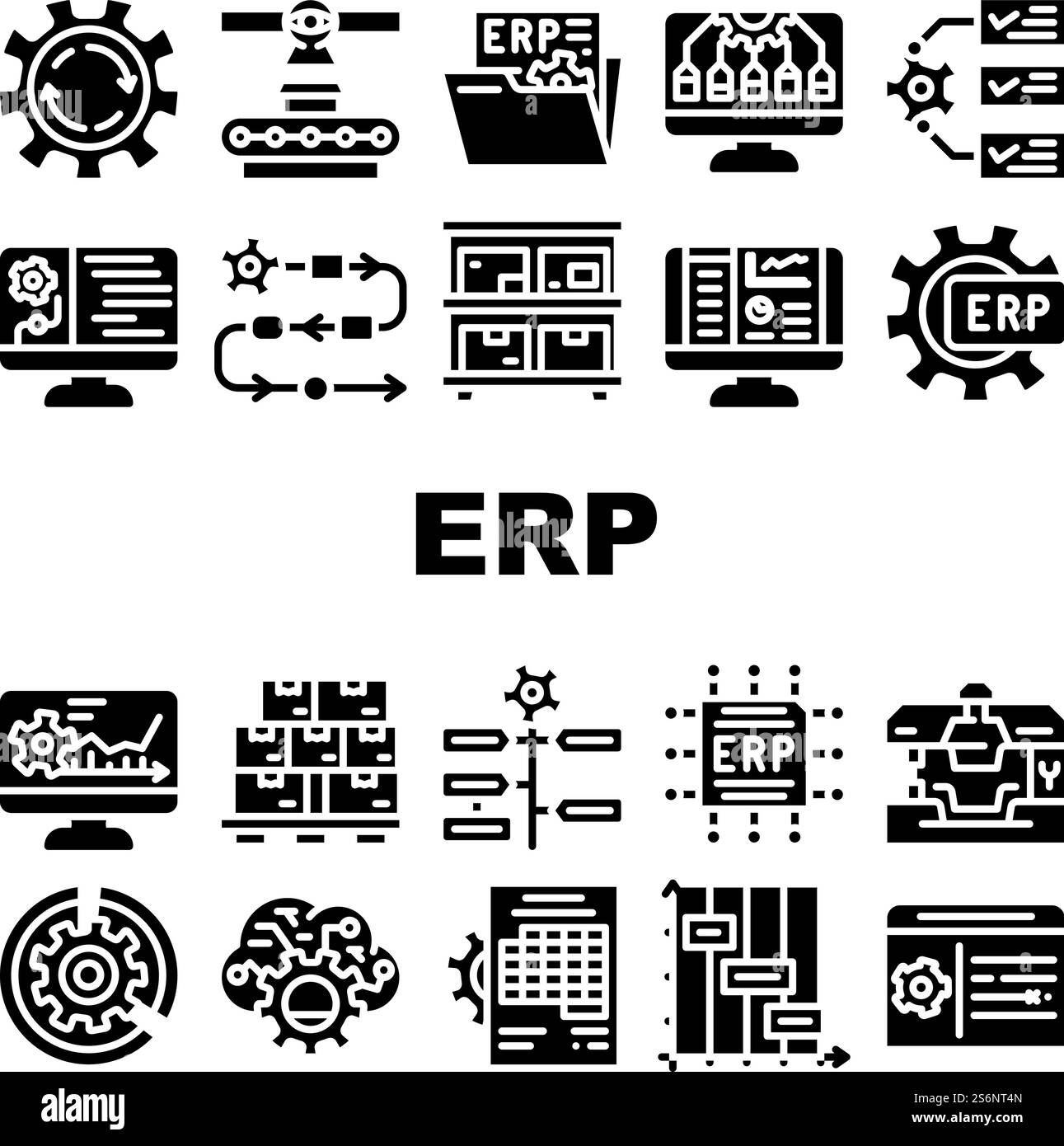 Icone ERP Enterprise Resource Planning Set Vector. ERP Working Process and Goods Production Control, Time Intervals and Deadline, Reporting System and Organization Glyph pittogrammi illustrazioni nere. Icone ERP Enterprise Resource Planning Set Vector Illustrazione Vettoriale