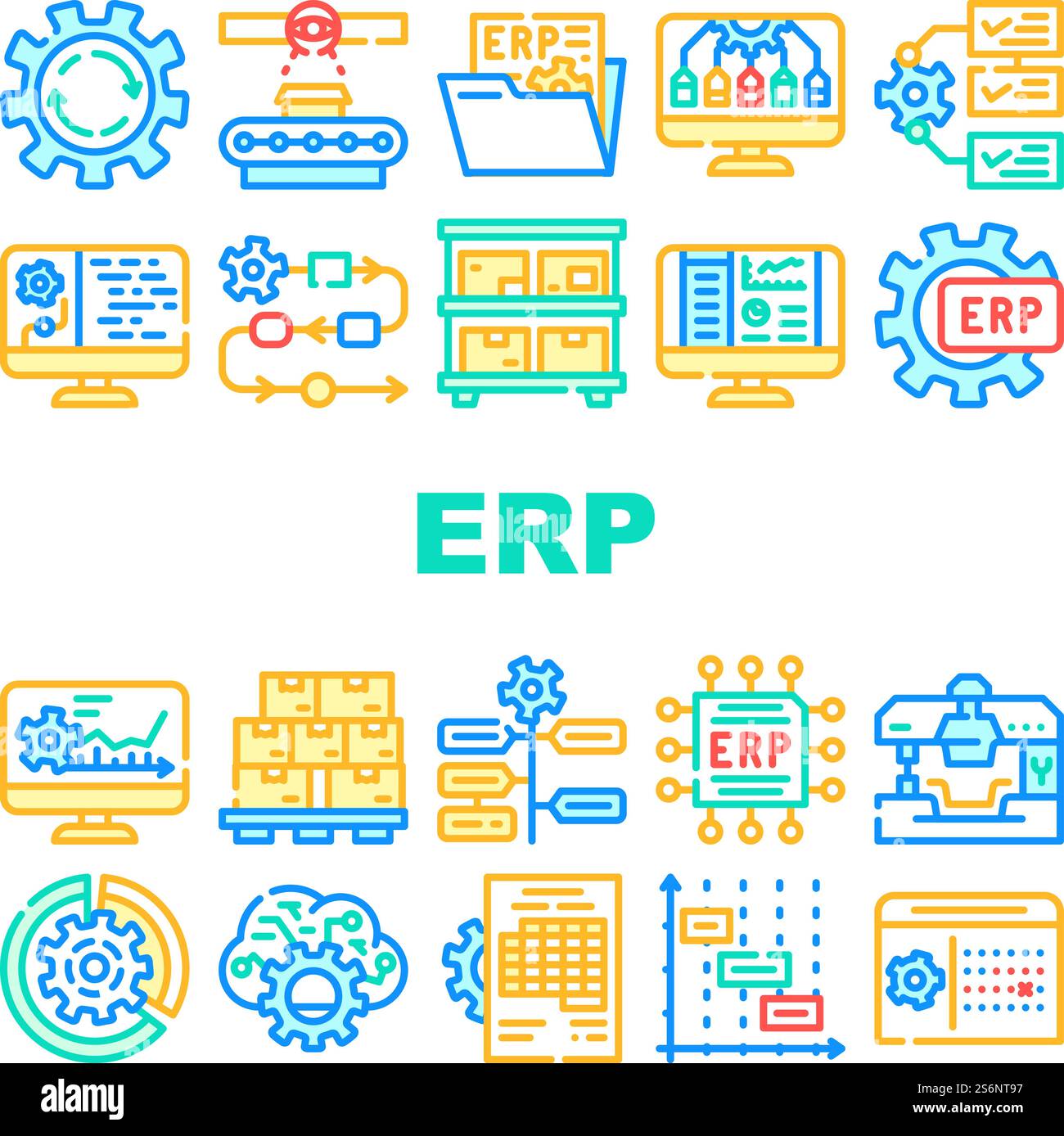 Icone ERP Enterprise Resource Planning Set Vector. Controllo dei processi di lavoro e della produzione di merci ERP, intervalli di tempo e scadenze, sistema di reporting e riga organizzazione. Illustrazioni a colori. Icone ERP Enterprise Resource Planning Set Vector Illustrazione Vettoriale