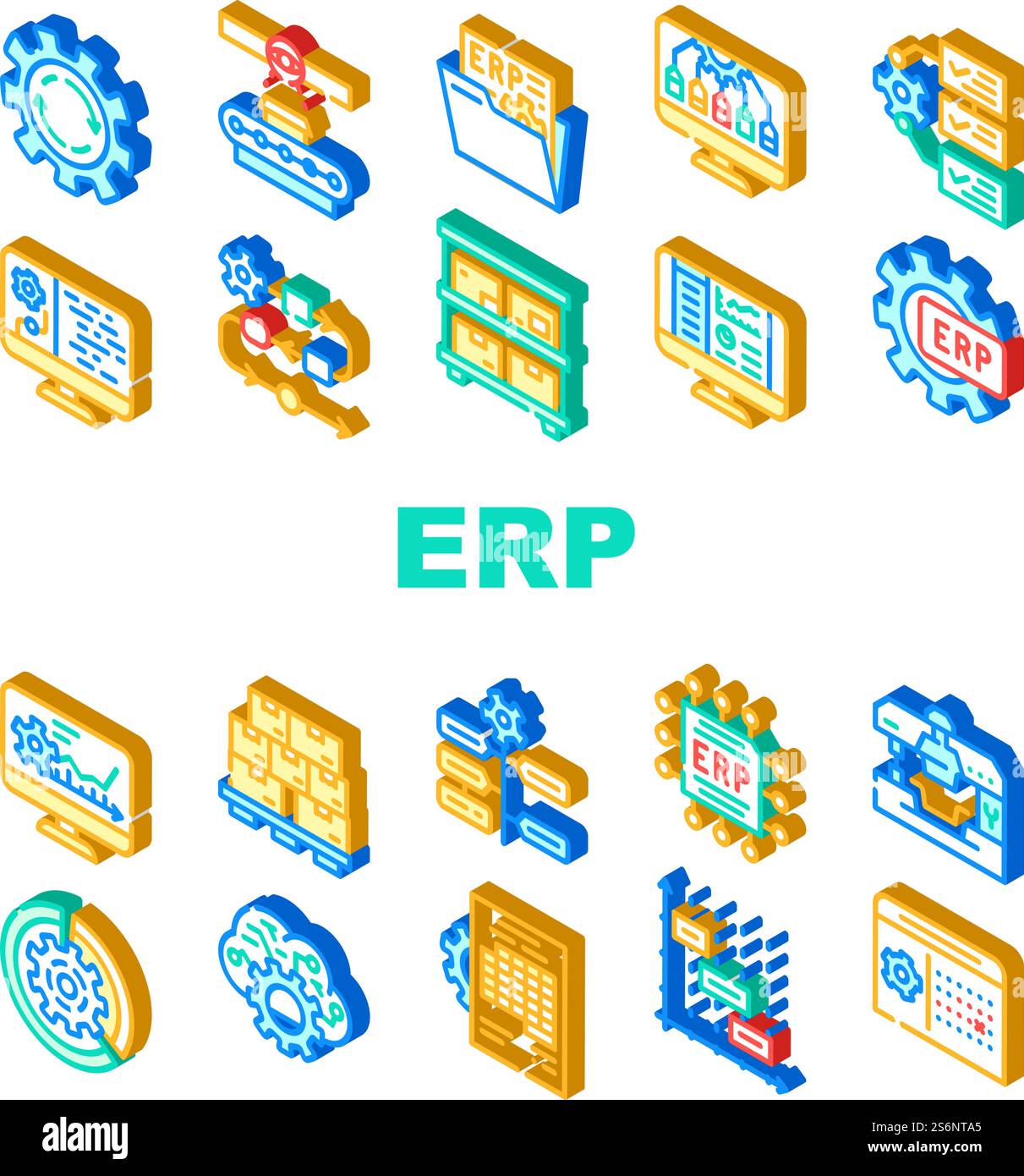 Icone ERP Enterprise Resource Planning Set Vector. Controllo dei processi di lavoro e della produzione di merci ERP, intervalli di tempo e scadenze, sistema di reporting e illustrazioni dei colori dei segni isometrici dell'organizzazione. Icone ERP Enterprise Resource Planning Set Vector Illustrazione Vettoriale