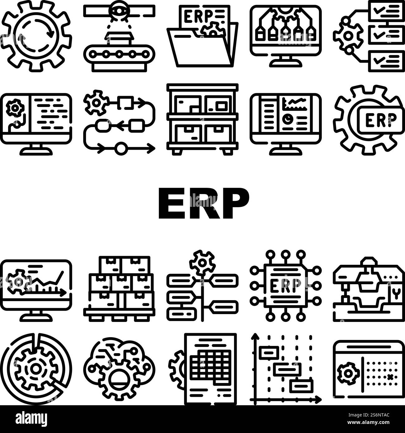 Icone ERP Enterprise Resource Planning Set Vector. Controllo dei processi di lavoro e della produzione di merci ERP, intervalli di tempo e scadenze, sistema di reporting e illustrazioni dei contorni dell'organizzazione. Icone ERP Enterprise Resource Planning Set Vector Illustrazione Vettoriale