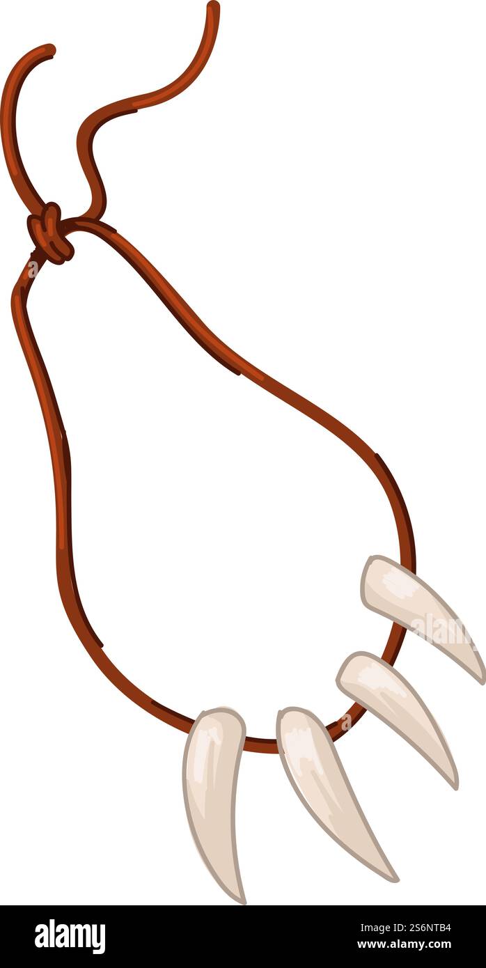 Gioielli e decorazioni dei tempi antichi, collana isolata di zanne appese al filo. Antica civiltà e tempi, simbolo del potere. Arredamento per il leader del gruppo. Immagine vettoriale in stile piatto. Collana di zanne o ossa, gioielli preistorici Illustrazione Vettoriale