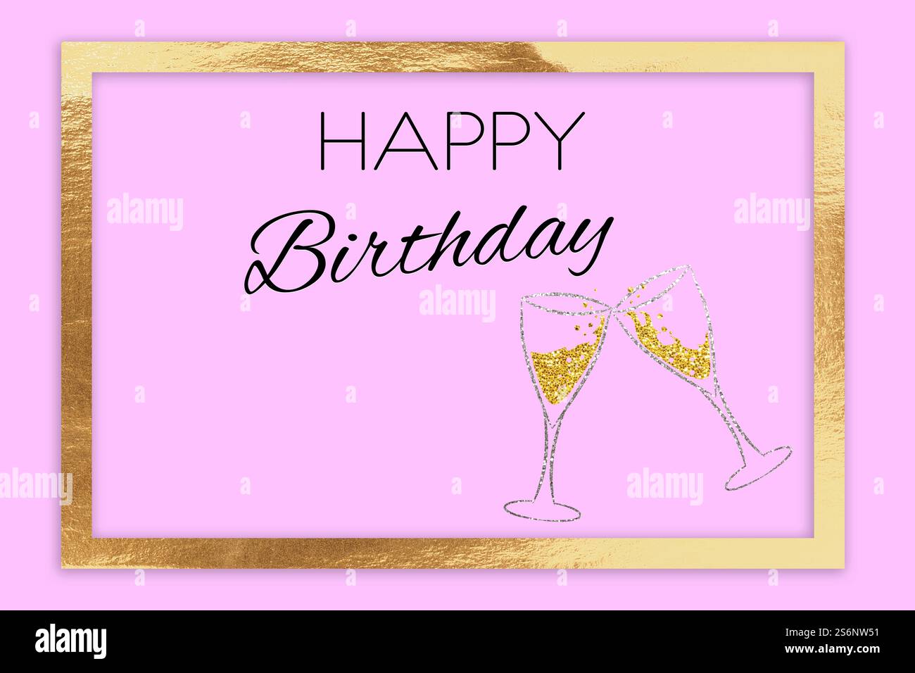 Le parole buon compleanno su sfondo rosa con cornice dorata, biglietto di compleanno, biglietto di auguri Foto Stock
