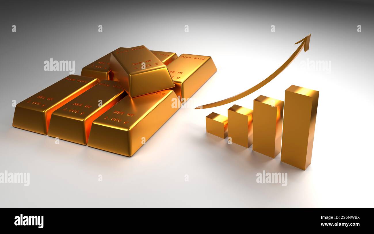 Barre d'oro impilate con una freccia rivolta verso l'alto su uno sfondo grigio, rendering 3D, concetto finanziario Foto Stock
