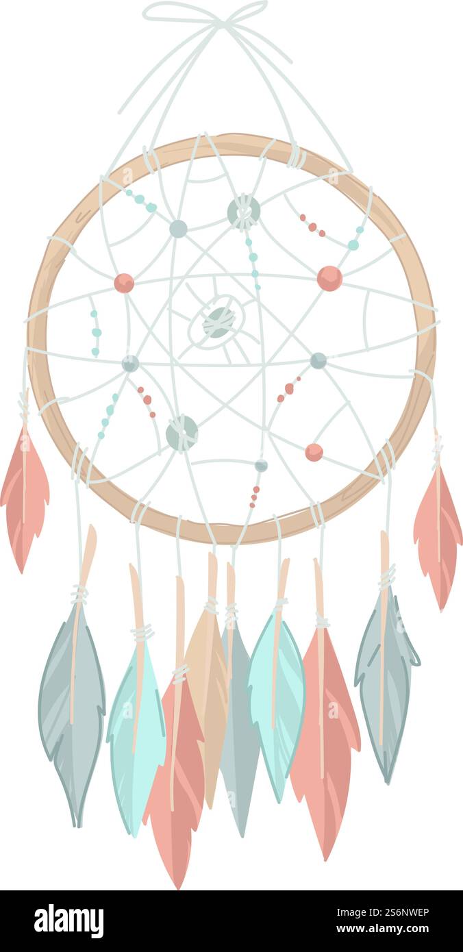 Amuleto o talismano, cattura dei sogni isolata costituita da elementi naturali. Fai un giro con fili e piume di uccelli. Spiritualità e mascotte che proteggono. Bohémien o hippie. Vettore in stile piatto. Dreamcatcher fatto di cerchio, fili e piume Illustrazione Vettoriale