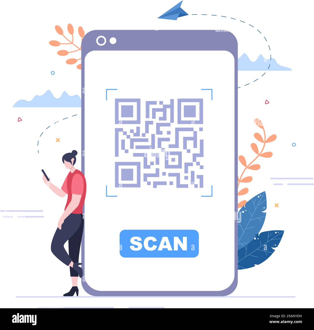 Scanner di codici QR per pagamenti online, pagamenti elettronici e trasferimenti di denaro su smartphone con App in mano. Illustrazione del vettore di sfondo Illustrazione Vettoriale