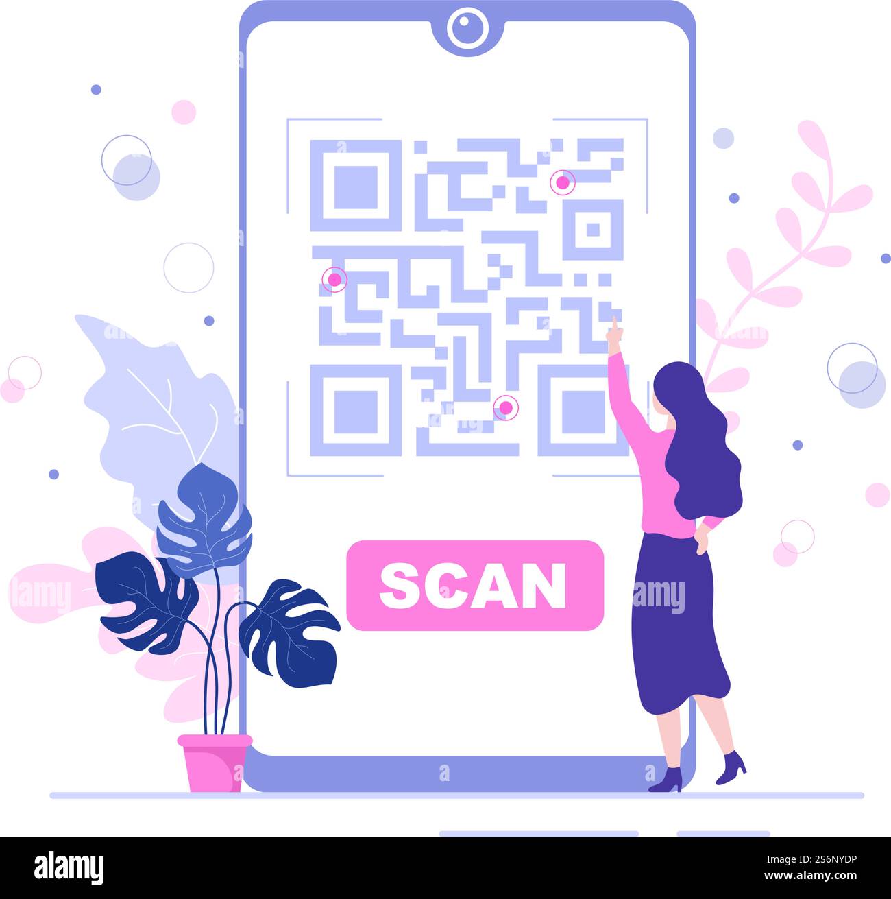 Scanner di codici QR per pagamenti online, pagamenti elettronici e trasferimenti di denaro su smartphone con App in mano. Illustrazione del vettore di sfondo Illustrazione Vettoriale