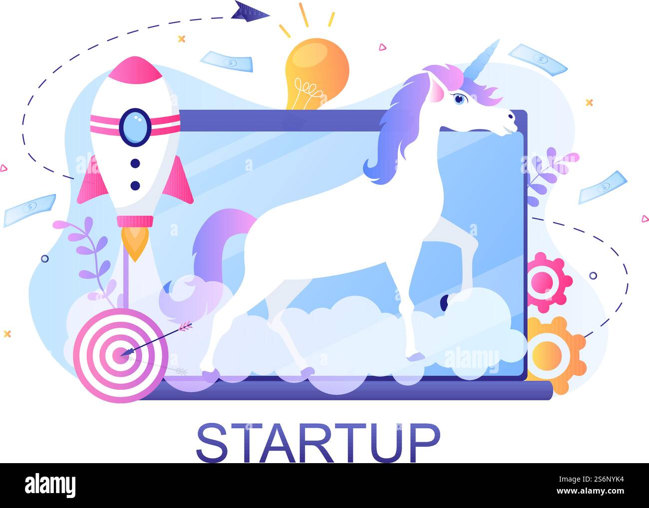 Illustrazione del vettore Symbol Startup di Unicorn Business. L'uomo d'affari del processo di sviluppo, del prodotto innovativo e dell'idea creativa vede l'obiettivo di avere successo Illustrazione Vettoriale