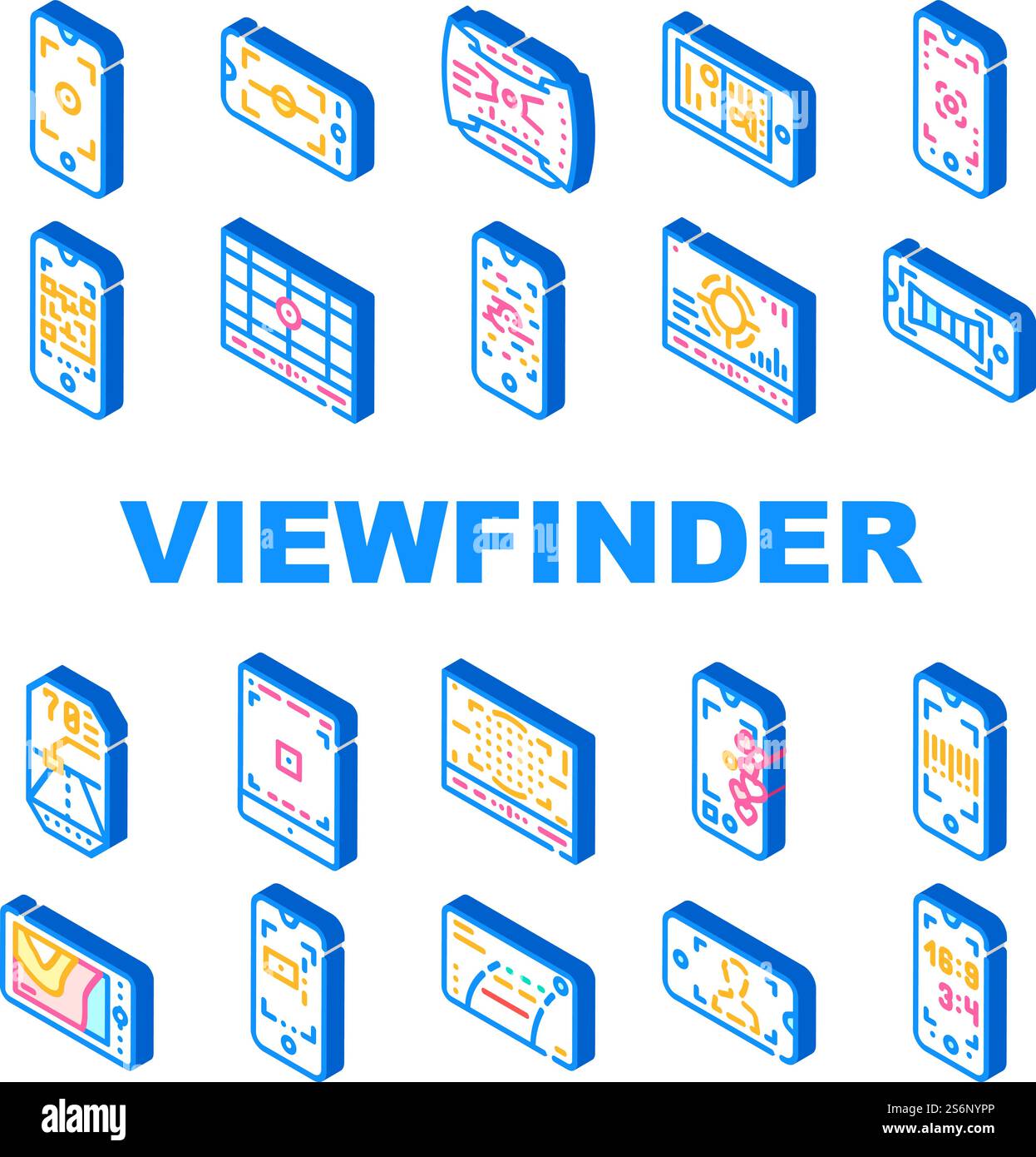 Mirino icone funzione smartphone Imposta vettore. Mirino per fotocamera fotografica per la creazione di illustrazioni a colori con segni isometrici per documenti e orizzonte, scansione di codici a barre e QR, dispositivo termocamera. Mirino icone funzione smartphone Imposta vettore Illustrazione Vettoriale