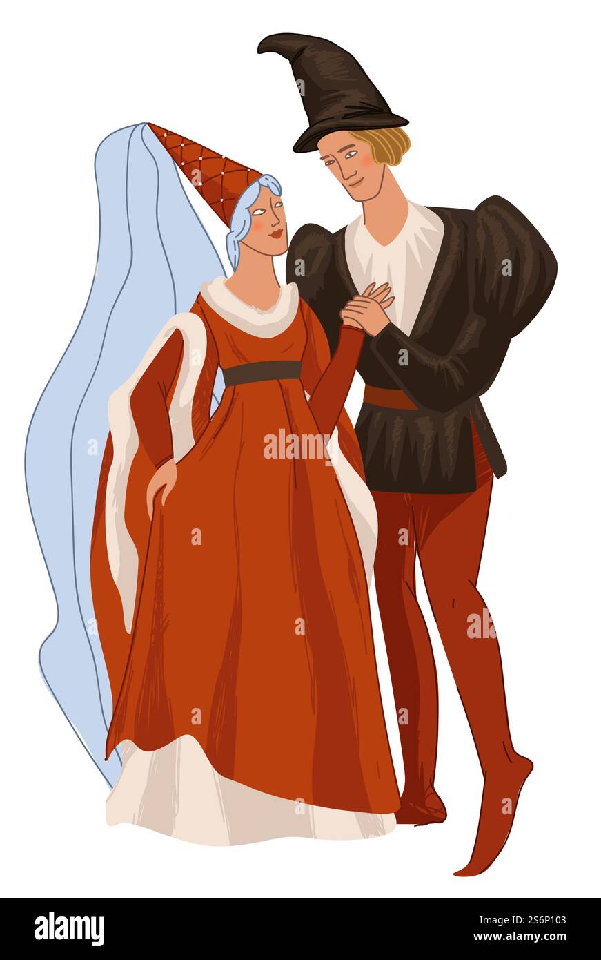 Uomo e donna di epoca medievale, coppia innamorata che indossa abiti e costumi tradizionali. Principessa e principe, ricreazione storica della cultura e del patrimonio del paese europeo. Vettore in stile piatto. Coppia medievale, uomo e donna in vecchi costumi Illustrazione Vettoriale
