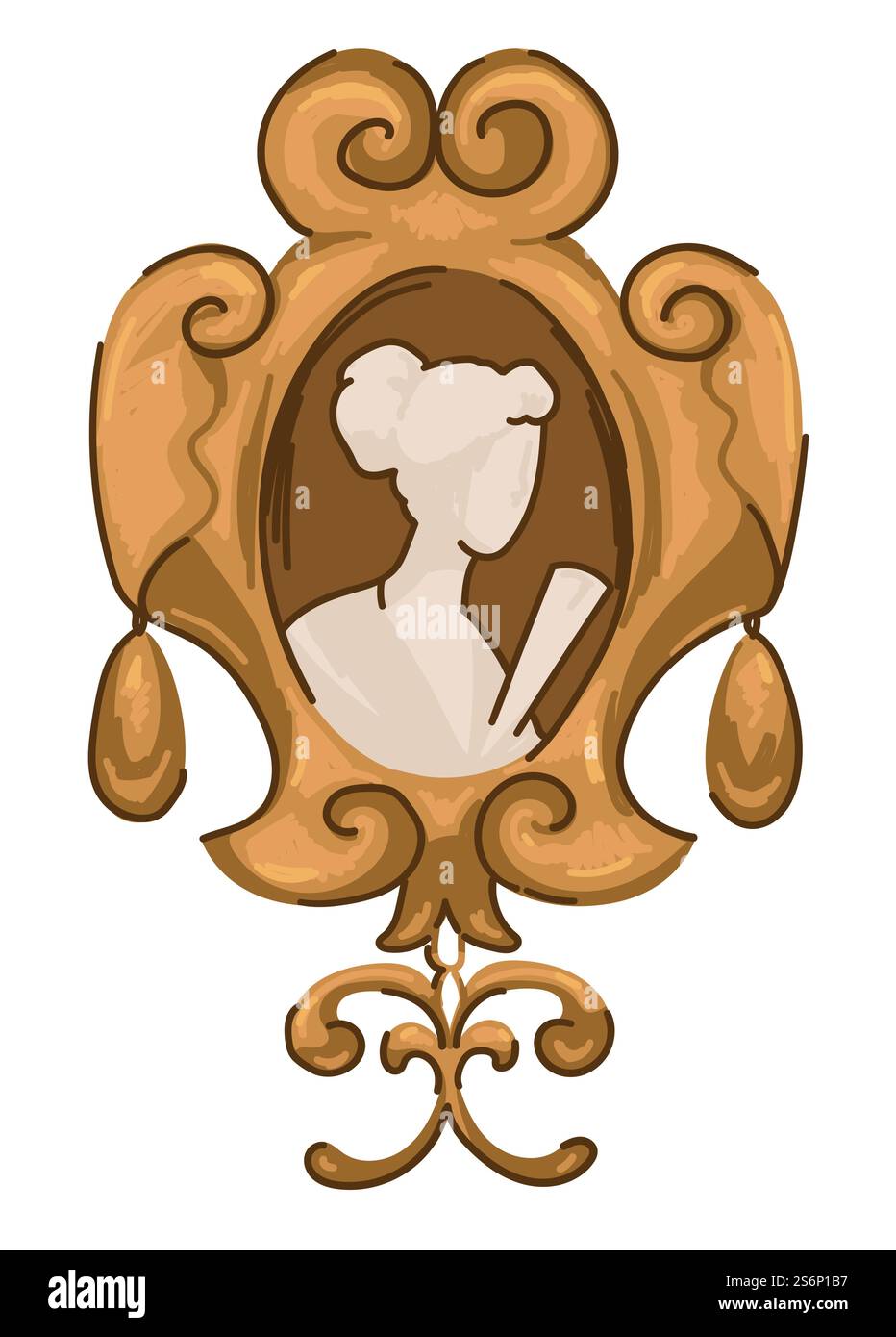 Gioielli costosi in oro in epoca vittoriana. Spilla cameo isolata con ritratto di donna. Tesori e gioielli vintage, oggetti d'antiquariato, regali ed esponenti. Chic shabby o retrò. Vettore in stile piatto. Spilla cameo, gioielli in oro con ritratto di donna Illustrazione Vettoriale