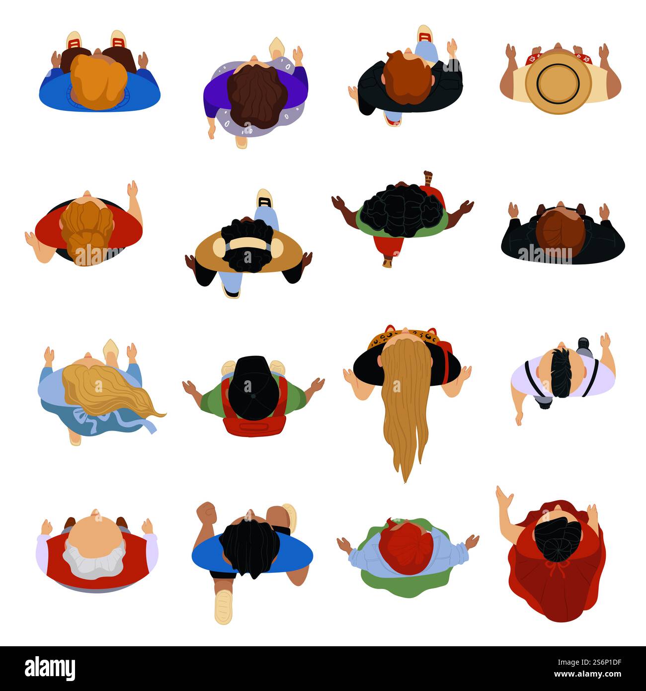 Personaggi maschili e femminili che camminano e passeggiano, vista dall'alto dei personaggi. Uomini e donne, bambini e adulti che indossano abiti casual. Persone affollate che si affrettano o si divertono a camminare. Vettore in stile piatto. Le persone che camminano si vedono dall'alto, uomini e donne Illustrazione Vettoriale