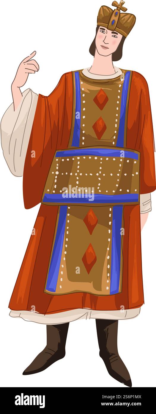 Principe o parente, personaggio maschile che indossa corona e lussuoso costume costoso. Uomo di epoca bizantina, abiti antichi e gente. Storia e costumi tradizionali in passato. Vettore in stile piatto. Uomo bizantino, personaggio principe che indossa la corona Illustrazione Vettoriale
