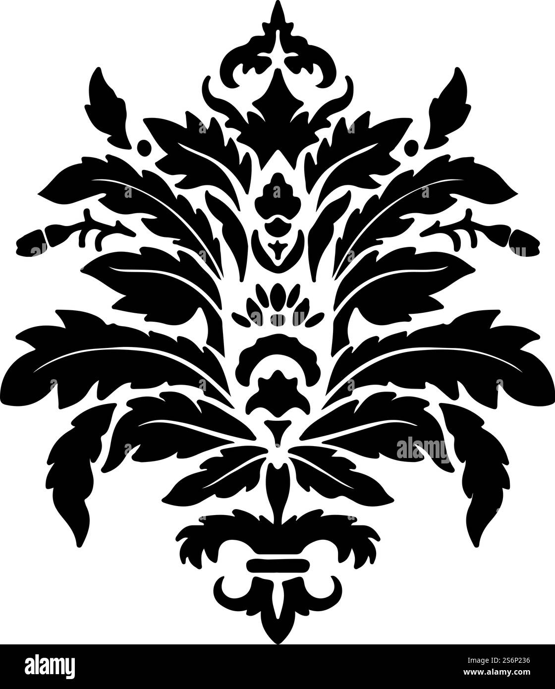 Motivo floreale con fiori e fogliame fiorenti. Struttura o stampa Damasco isolata, decorazioni classiche o barocche. Ornamenti boho. Profilo monocromatico, silhouette nera, vettoriale in stile piatto. Design floreale damascato vintage, fiori e foglie Illustrazione Vettoriale