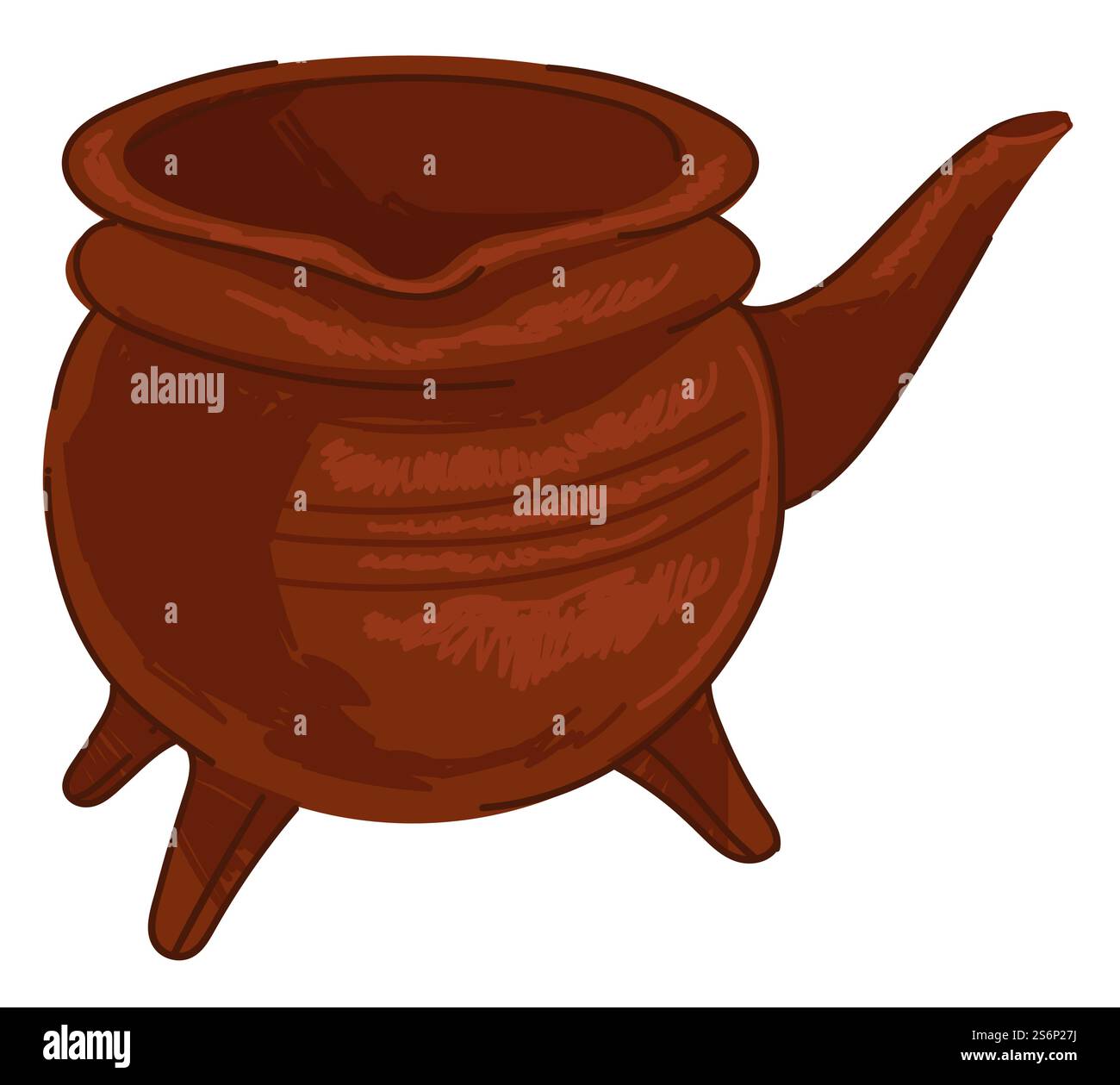 Utensili da cucina in epoca medievale o barocca, calderone isolato con gambe e manico. Pentola in argilla, design rustico della ciotola tradizionale. Esponente della storia e utensile, romanico. Vettore in stile piatto. Calderone con gambe e manico, utensili da cucina o pentola Illustrazione Vettoriale
