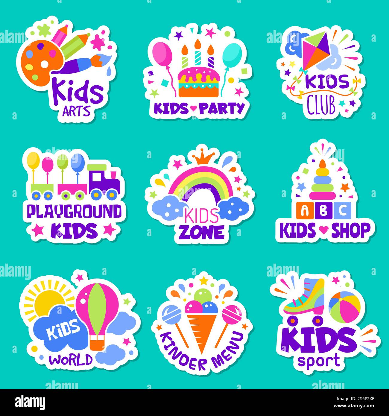 Logo per bambini. Negozio di giocattoli identità creativi badge club per bambini collezione vettoriale di simboli della zona di gioco per bambini. Badge adesivo illustrativo, logo della sala giochi per bambini e area di posizionamento. Logo per bambini. Negozio di giocattoli identità creativi badge club per bambini collezione vettoriale di simboli della zona di gioco per bambini Illustrazione Vettoriale
