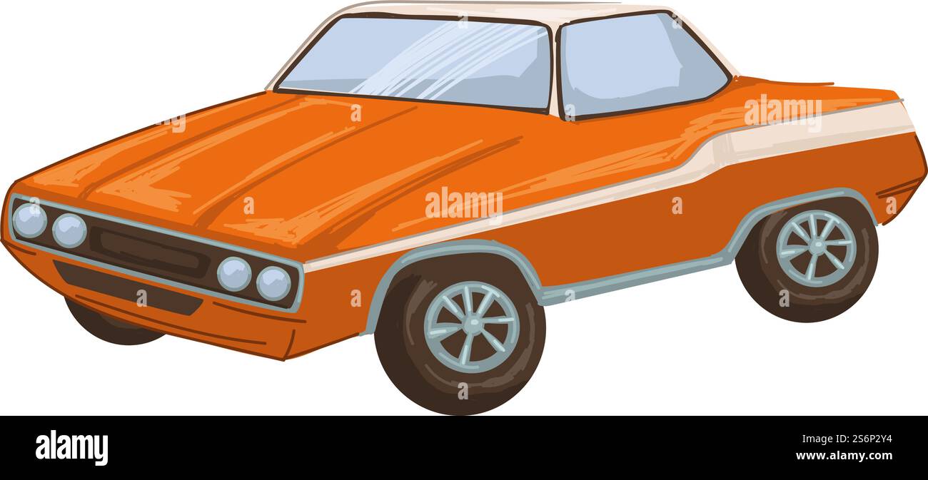 Auto d'epoca progettata negli anni '1970, auto isolata degli anni '70. Veicolo esclusivo con motore potente. Modello di auto costoso, trasporto costoso con pneumatici in gomma. Vettore in stile piatto. Auto d'epoca retrò degli anni '1970, trasporto vecchio stile Illustrazione Vettoriale